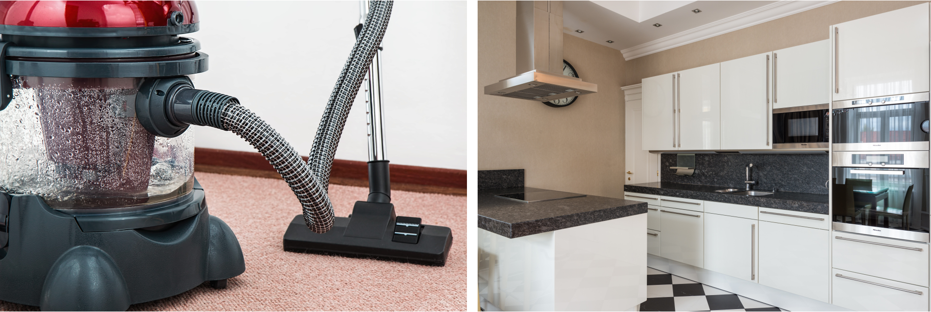 Dwa zdjęcia. Na pierwszym znajduje się elektryczny odkurzacz bezworkowy. Na drugim zdjęciu kuchnia wyposażona w urządzenia elektryczne.