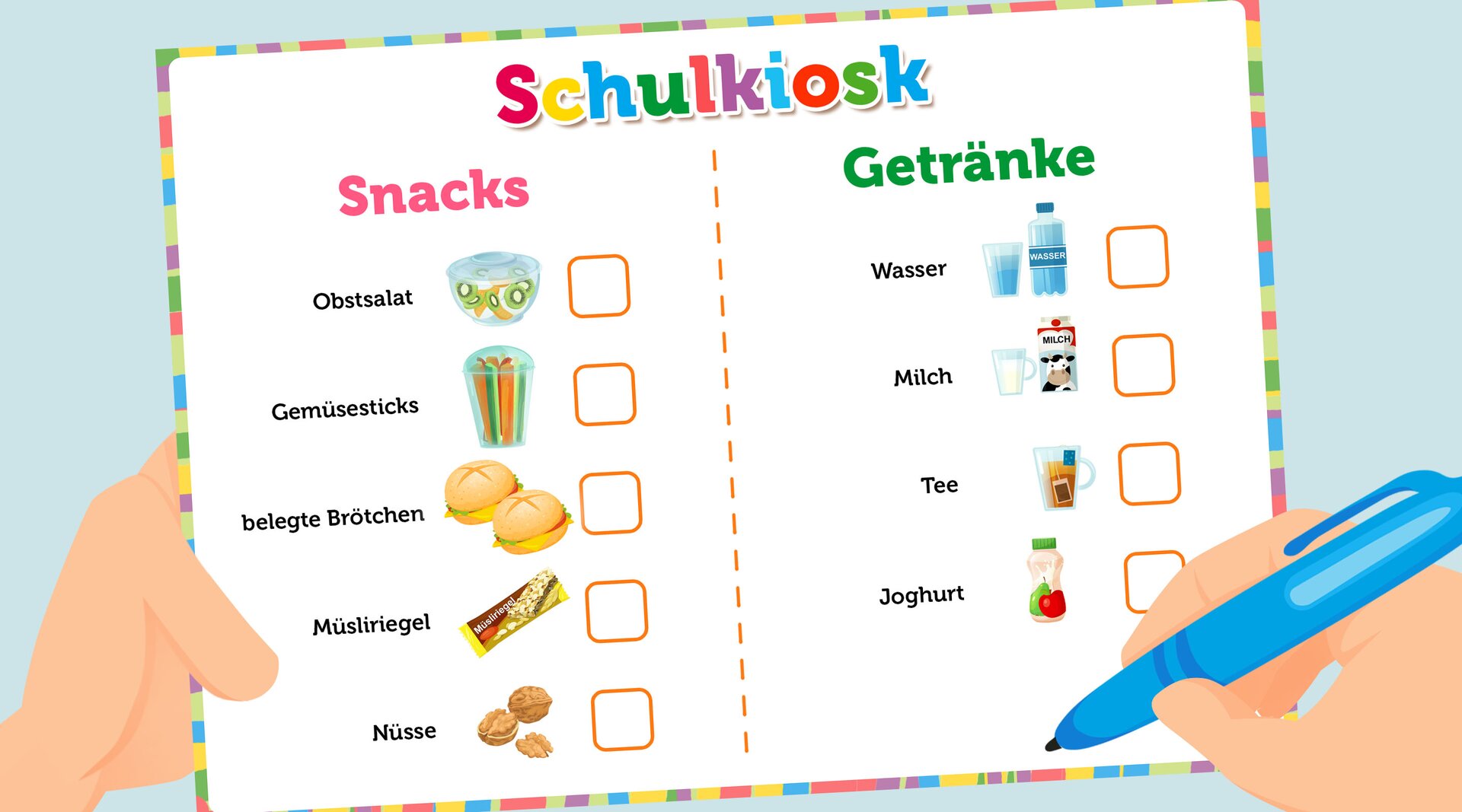 Ilustracja przedstawia przekąski z lewej strony i napoje z drugiej. Przy każdym podpisie znajduje się ilustracja danej rzeczy. Przekąski zaczynają się od sałatki owocowej, warzyw, kanapek, batonu musli, orzechów. Wśród napojów są woda, mleko, herbata oraz jogurt owocowy.