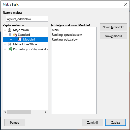Ilustracja przedstawia okno dialogowe o nazwie Makra Basic. W polu Zapisz makro w: jest Module1. W obszarze Istniejące makra w: Module1. Na dole okna zaznaczono przycisk Zapisz.  