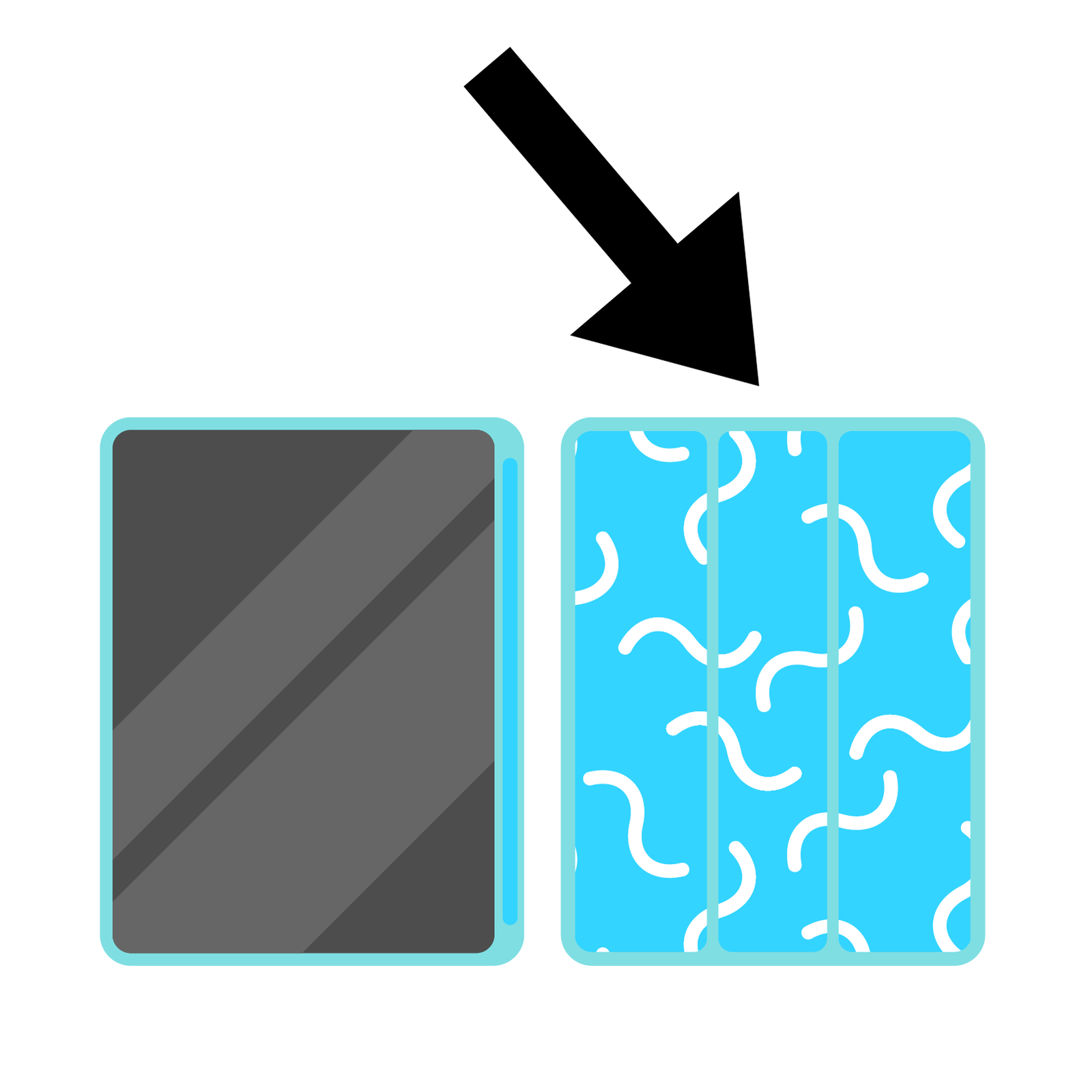 Ilustracja przedstawia tablet zaprezentowany z przodu i z tyłu. Tablet umieszczony jest w niebieskim pokrowcu. Z lewej strony ilustracji widoczny jest ekran tabletu. Z prawej strony ilustracji widoczny jest tył pokrowca. Na tył pokrowca skierowana jest wielka czarna strzałka. 