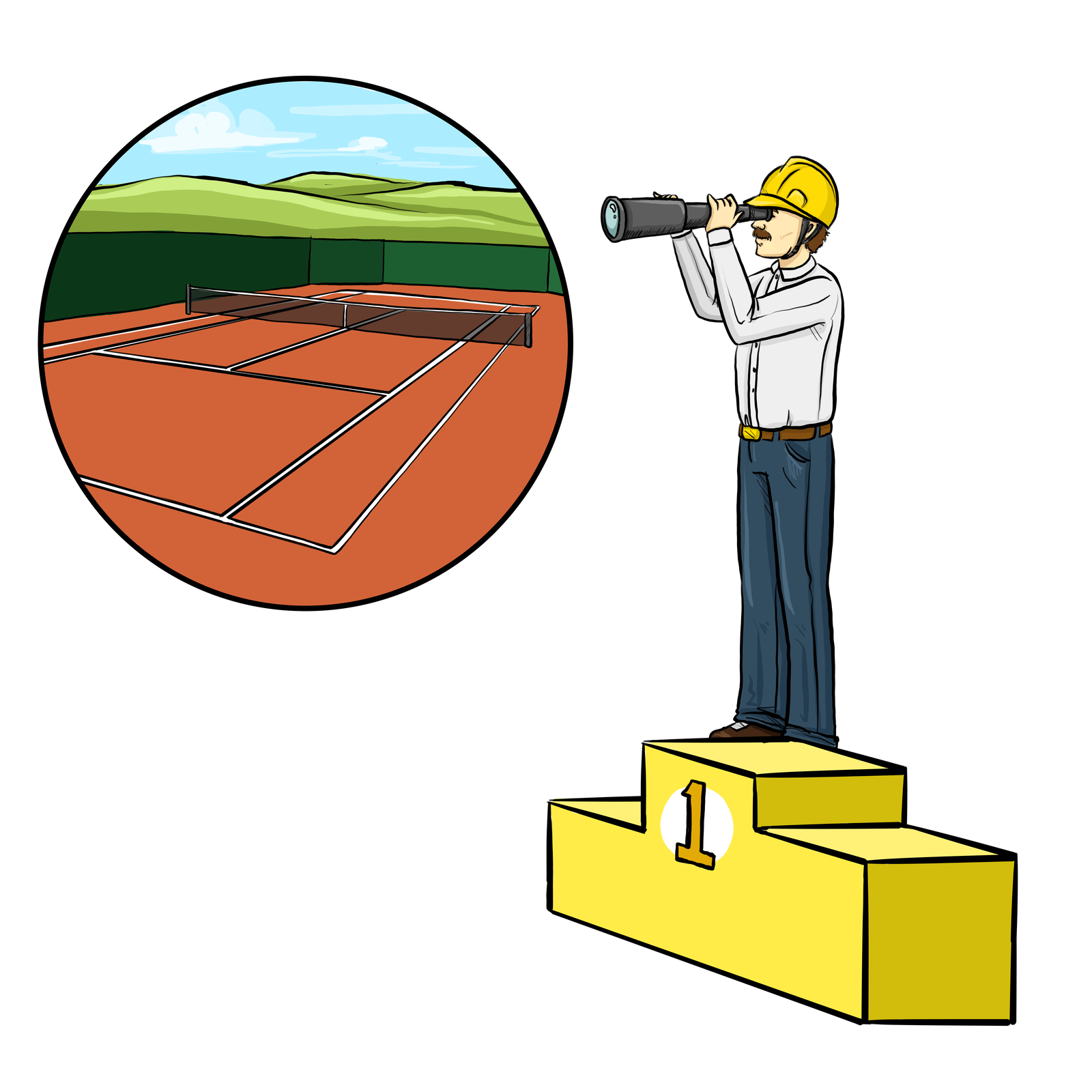 Ilustracja przedstawia mężczyznę stojącego na podium. Zajął on pierwsze miejsce. Mężczyzna jest elegancko ubrany, a na głowie ma żółty kask. Mężczyzna patrzy przez lunetę, obok pokazany został widok z lunety. Jest to widok  na boisko do tenisa.
