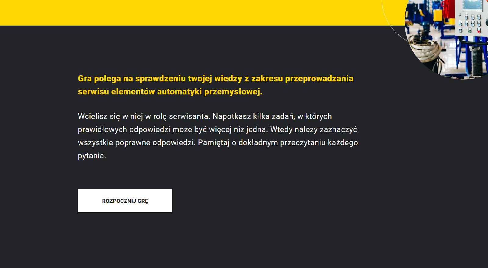 Przykładowy widok okna gry edukacyjnej. Na widoczny jest opis gry edukacyjnej. Poniżej znajduje się przycisk: rozpocznij grę.