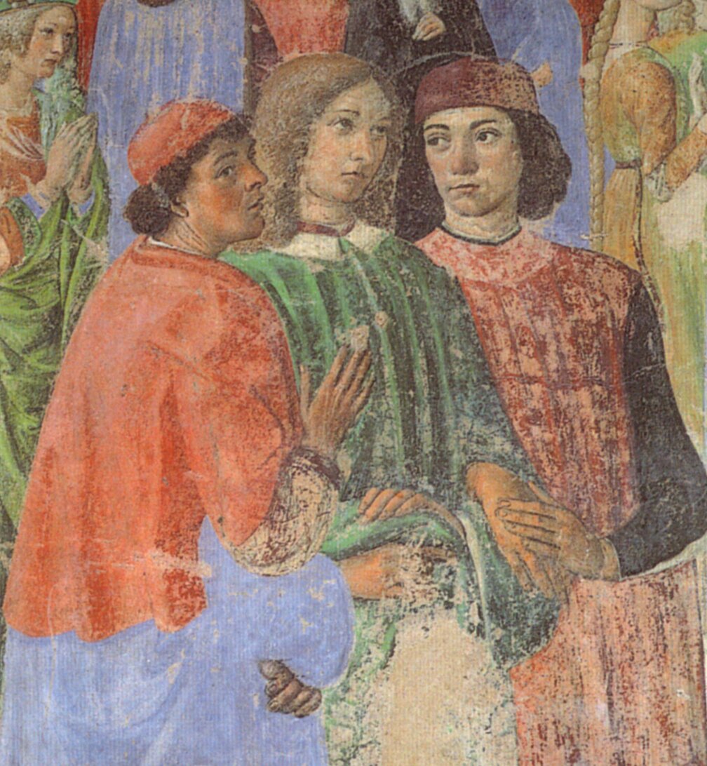 Fragment obrazu przedstawia trzech młodych mężczyzn stojących obok siebie. Są oni w średniowiecznych strojach.