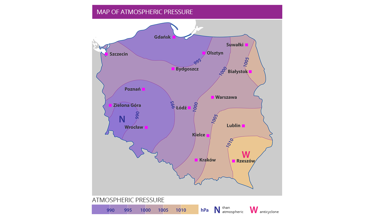 Mapa ciśnienia. Mapa pokryta liniami. Linie na mapy pokazujące ciśnienie to izobary. Kolory od ciemnofioletowego - niskie ciśnienie 900 hPa, do beżowego - wysokie ciśnienie powyżej 1010 hPa. Na mapie najwyższe ciśnienie zaznaczono w rejonie Rzeszowa i Białegostoku. Najwyższe - rejon Wrocławia, Zielonej Góry, Poznania i Gdańska.