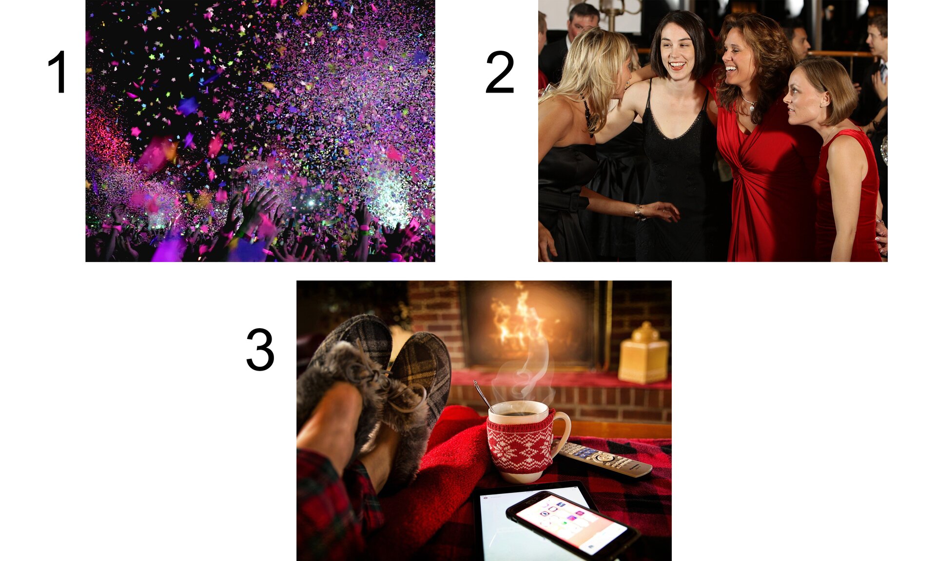 Ilustracja pierwsza przedstawia koncert w plenerze. Ilustracja druga przedstawia przyjęcie w domu. Ilustracja trzecia przedstawia osobę w piżamie i z kawą przed kominkiem.