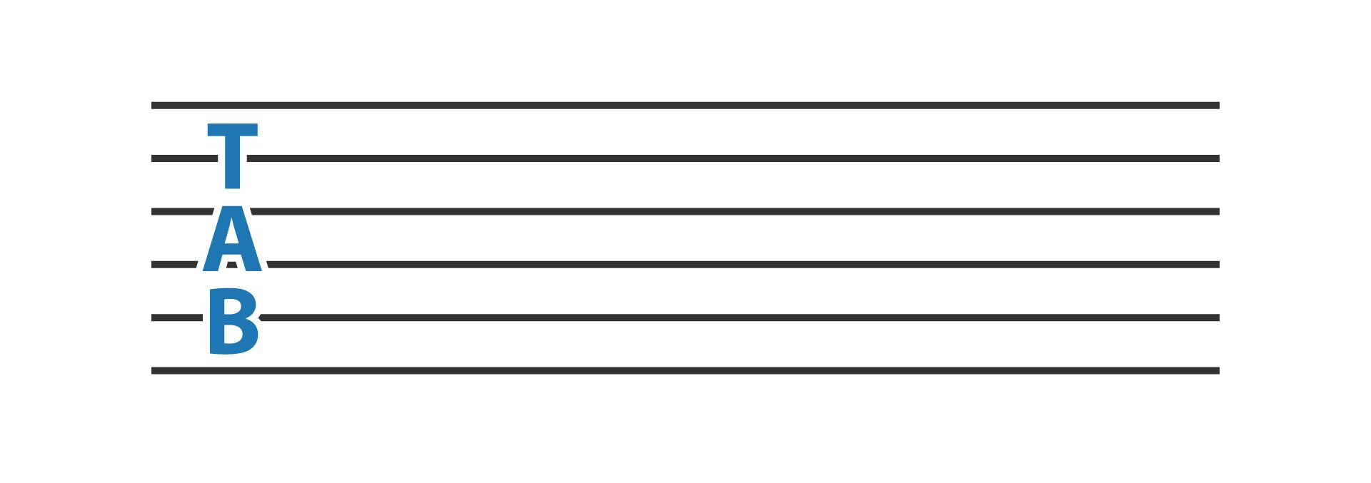 Ilustracja przedstawia tabulaturę składających się z sześciu poziomych linii, symbolizujących struny. Po lewej stronie, od góry na dół są wypisane niebieskie litery: T A B