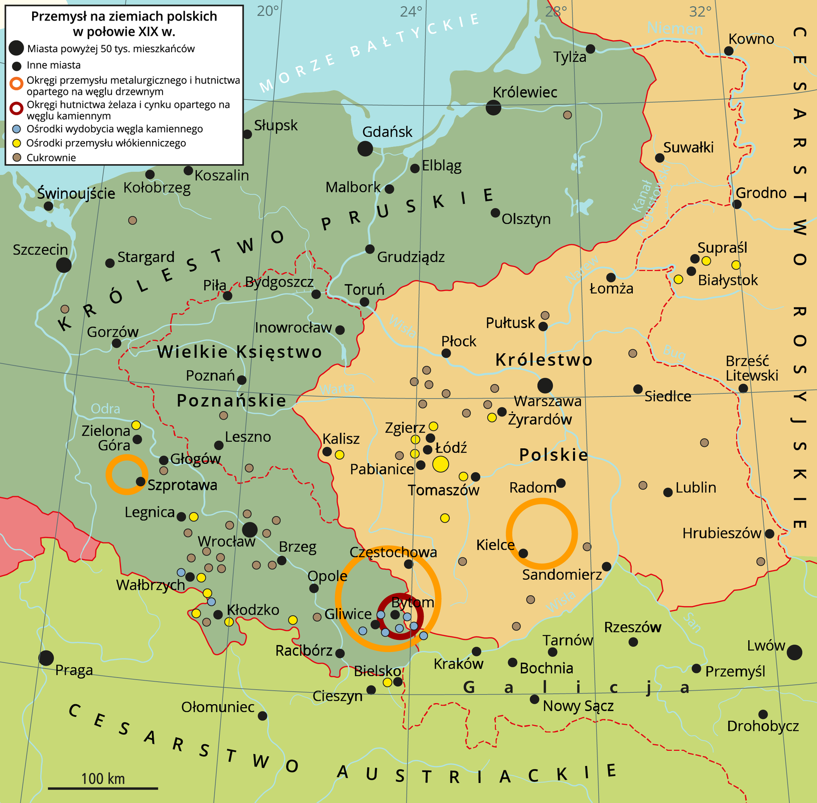 Mapa przedstawia przemysł na ziemiach polskich w połowie XIX wieku. Na mapie po lewej stronie widoczne jest Królestwo Pruskie oraz Wielkie Księstwo Poznańskie oznaczone kolorem zielonym. Po prawej zaś znajduje się Królestwo Polskie oraz Cesarstwo Rosyjskie oznaczone kolorem żółtym. Na dole jest Cesarstwo Austriackie oznaczone kolorem jasnozielonym. Na mapie zaznaczono dużymi, czarnymi kropkami miasta powyżej 50 tysięcy mieszkańców. Na terenie Królestwa Pruskiego są to: Gdańsk, Królewiec, Wrocław, Szczecin. Na terenie Królestwa Polskiego jest to Warszawa. Na terenie Cesarstwa Austriackiego są to Praga i Lwów. Pomarańczowymi pierścieniami oznaczono okręgi przemysłu metalurgicznego i hutnictwa opartego na węglu drzewnym. W Królestwie Polskim jest to teren niedaleko Kielc, na pograniczu Królestwa Polskiego i Królestwa Pruskiego jest to obszar z miastami Bytom, Gliwice i Częstochowa, na terenie Królestwa Pruskiego jest to obszar z miastem Szprotawa. Czerwonym pierścieniem oznaczony jest okręg hutnictwa żelaza i cynku opartego na węglu kamiennym, obejmuje pogranicze Królestwa Polskiego i Królestwa Pruskiego z miastem Bytom. Ośrodki wydobycia węgla kamiennego znajdują się na pograniczu Królestwa Polskiego i Królestwa Polskiego, obejmują miasta Gliwice i Bytom. Ośrodki przemysłu włókienniczego znajdują się na zachodzie Królestwa Polskiego i obejmują miasta Łódź, Zgierz, Pabianice, Tomaszów, Kalisz oraz nieco dalej na wschód Żyrardów pod Warszawą. Takie ośrodki znajdują się również w południowej części Królestwa Pruskiego, są to Zielona Góra, obszar przy Legnicy, Kłodzko, Bielsko, obszar przy Wałbrzychu. Cukrownie w Królestwie Polskim są rozmieszczone głównie między Łodzią a Warszawą nieco na północ, a w Królestwie Pruskim wokół Wrocławia.