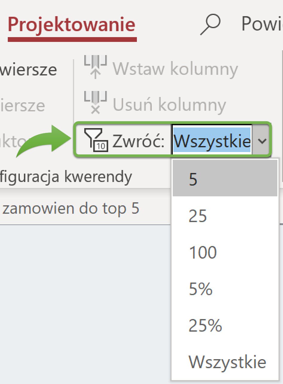 Zrzut ekranu przedstawia fragment paska narzędzi Microsoft Access.  Podświetlona jest zakładka Projektowanie.  Zielona strzałka wskazuje na opcję Zwróć z ikoną lejka oraz prostokątem z wpisaną liczbą 10.  Po prawej stronie kliknięto na strzałkę, która rozwinęła listę z opcjami: 5, 25, 100, 5%, 25%, Wszystkie.  Wybrana jest wartość wszystkie.