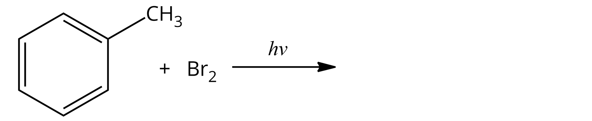 Ilustracja przedstawiająca równanie reakcji. Cząsteczka toluenu, dodać cząsteczkę bromu, strzałka w prawo, nad strzałką zapis hν kwant promieniowania. Za strzałką puste miejsce.