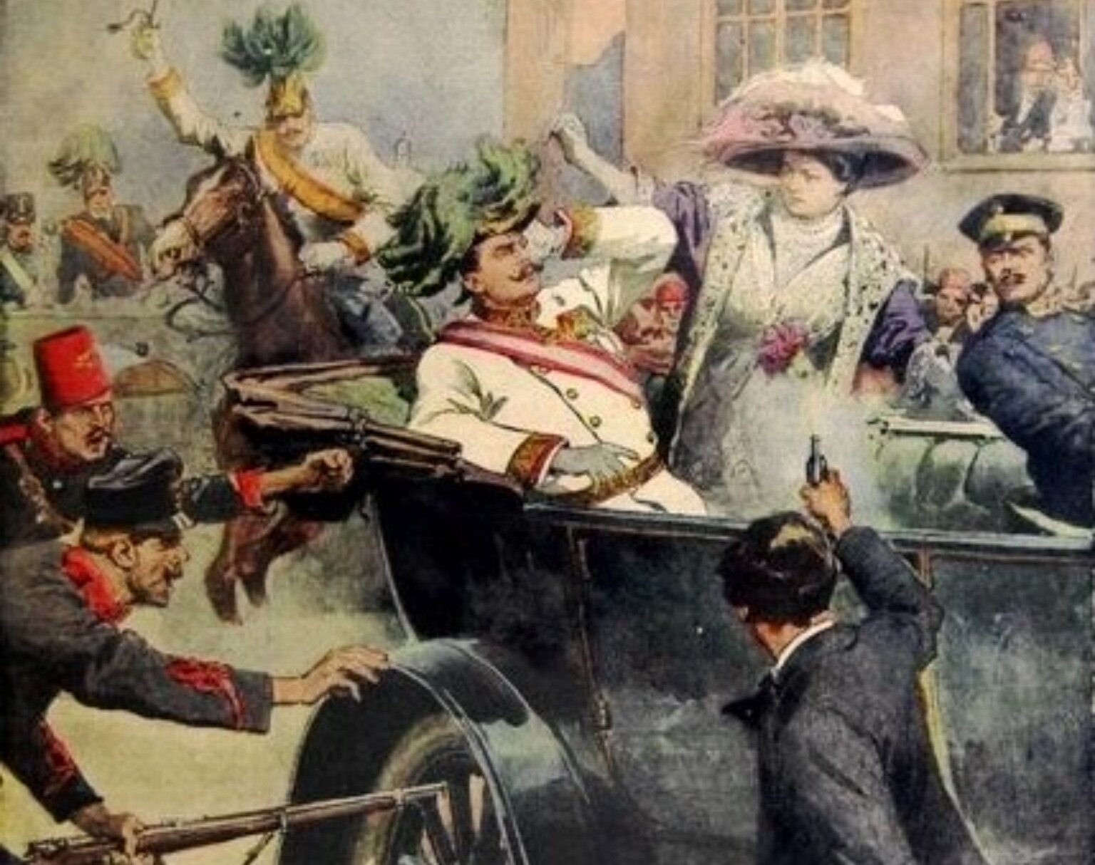 Obraz przedstawia zamach na parę książęcą. Książę z żoną siedzą w kabriolecie. Strzelec mierzy do nich z pistoletu, który przed chwilą wypalił.