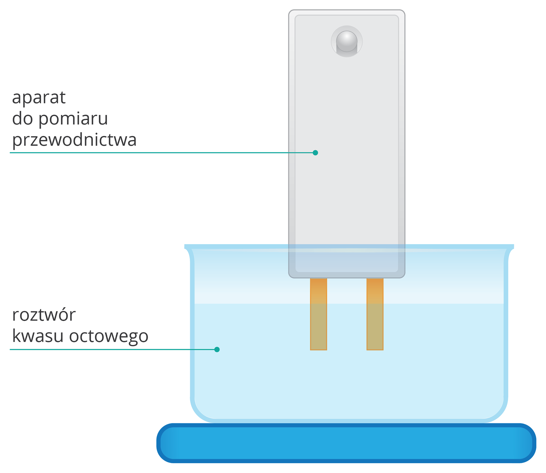 Grafika przedstawia schemat doświadczenia. Na schemacie znajduje się aparat do pomiaru przewodnictwa. Aparat narysowany jest jako szary podłużny prostokąt. Na dole aparatu, przy krawędziach, narysowane są dwa mniejsze żółte prostokąty. Pod aparatem narysowana jest niebieska zlewka, wewnątrz której znajduje się ciecz podpisana z lewej strony jako roztwór kwasu octowego. Żółte prostokąty zanurzone są w cieczy do trzech czwartych ich wysokości. Pod zlewką narysowany jest ciemnoniebieski spód statywu.