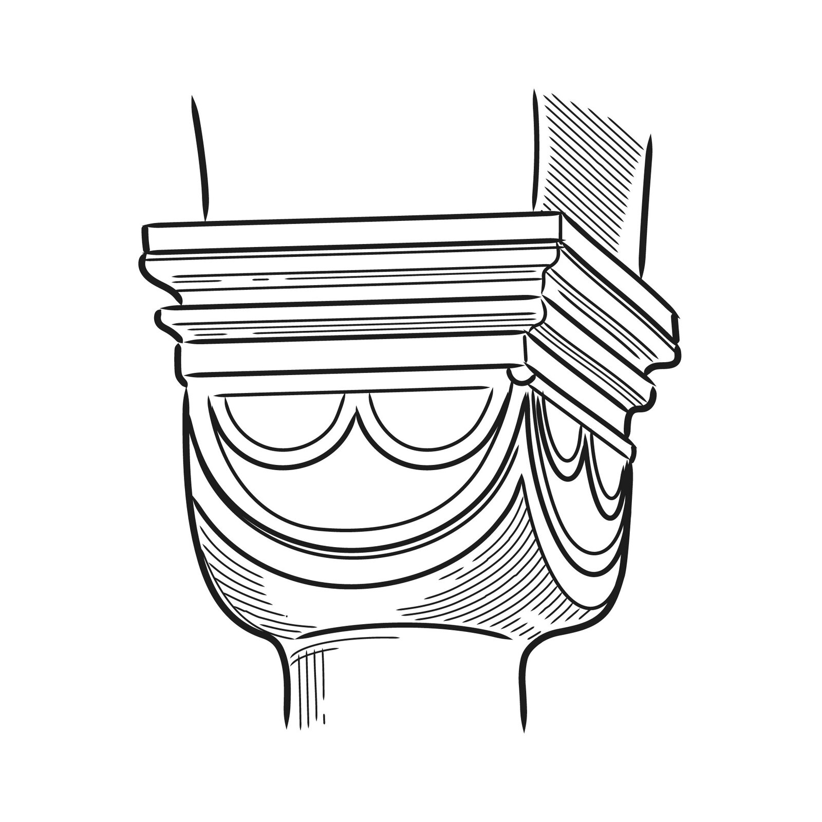 Czarno‑biała ilustracja przedstawia głowicę kostkową o kształcie graniastosłupa prostego o podstawie prostokąta i zaokrąglonych ścianach. Głowica ma surową ma delikatne zdobienia w postaci wymodelowanych półkoli - w tym przypadku trzech półkoli na ścianę.