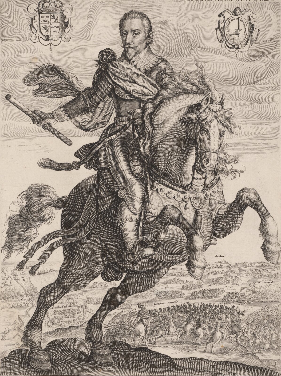 Portret konny Gustawa Adolfa, króla Szwecji. Król trzyma w ręku buławę, będącą świadectwem jego przywództwa wojskowego. Koń staje dęba. W tle bitwa.