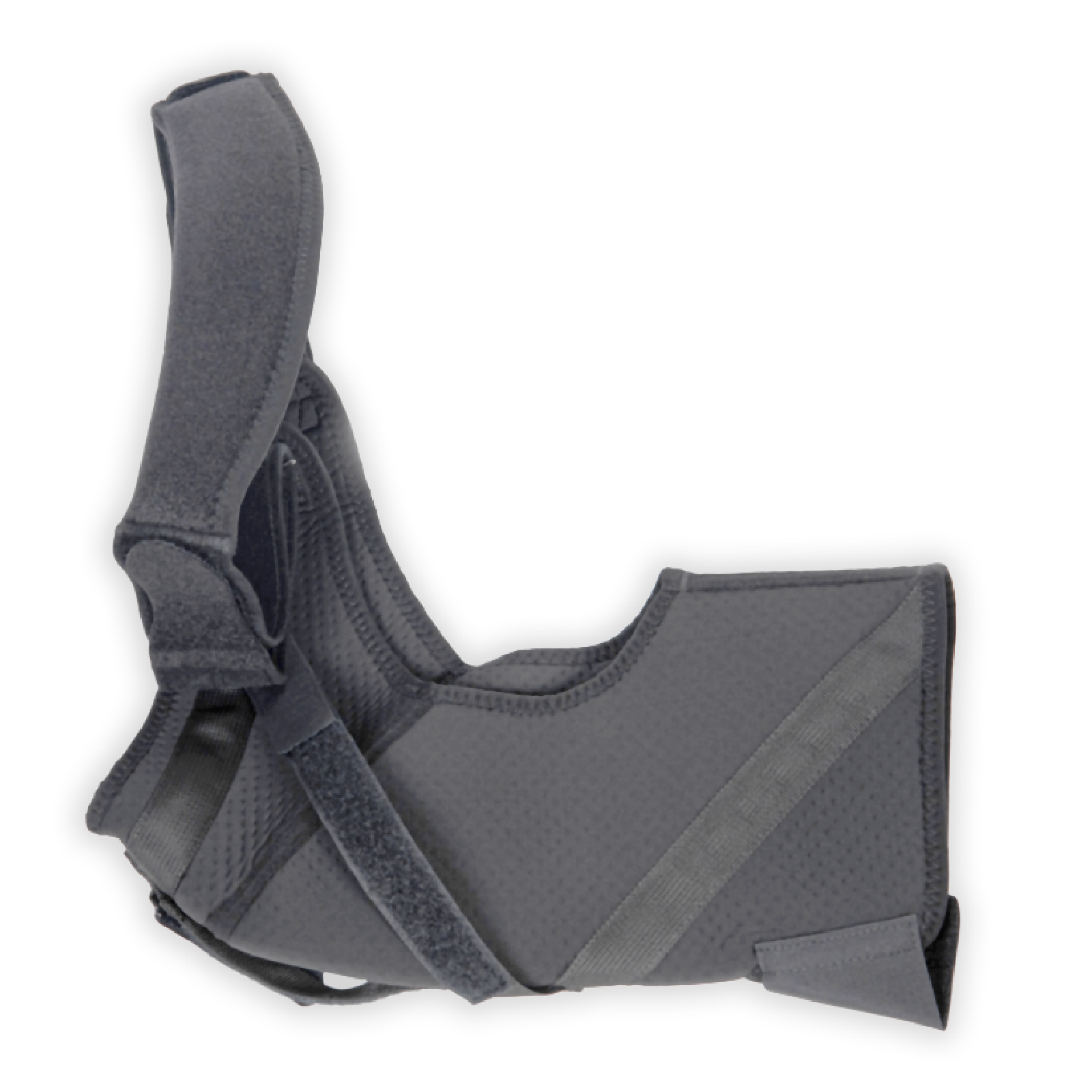 Zdjęcie przedstawia ortezę z czarnego materiału. Orteza posiada rękaw i pasy mocujące. 
