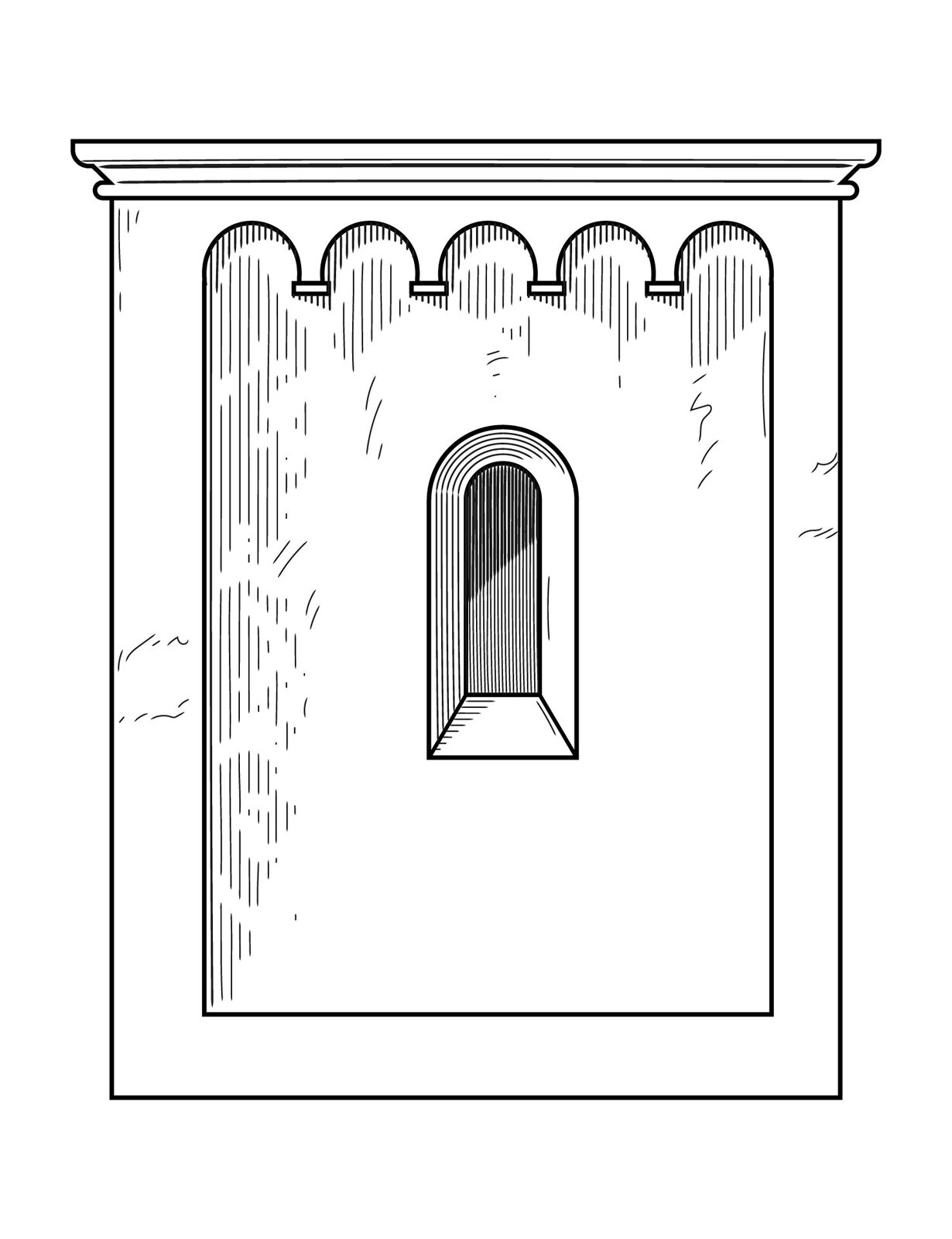 Ilustracja przedstawia fragment muru z otworem okiennym oraz zdobieniami w formie łuków, które znajdują się na górze elementu architektonicznego. 