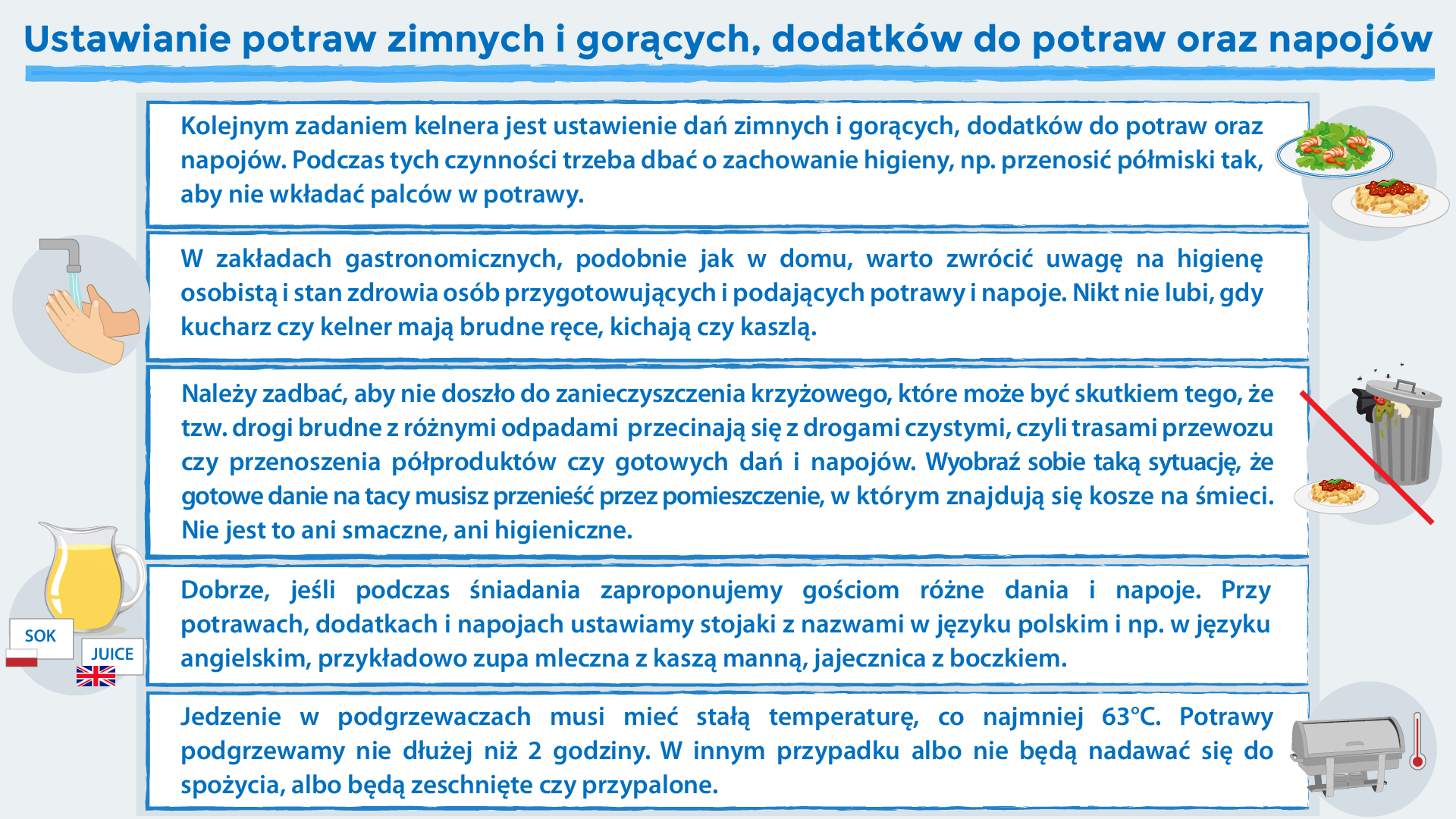 Grafika o tytule: Ustawienie potraw zimnych i gorących, dodatków do potraw oraz napojów. Na grafice tekst: ,,Kolejnym zadaniem kelnera jest ustawienie dań zimnych i gorących, dodatków do potraw oraz napojów. Podczas tych czynności trzeba dbać o zachowanie higieny, np. przenosić półmiski tak, aby nie wkładać palców w potrawy. W zakładach gastronomicznych, podobnie jak w domu, warto zwrócić uwagę na higienę osobistą i stan zdrowia osób przygotowujących i podających potrawy i napoje. Nikt nie lubi, gdy kucharz czy kelner mają brudne ręce, kichają czy kaszlą. Należy zadbać, aby nie doszło do zanieczyszczenia krzyżowego, które może być skutkiem tego, że tzw. drogi brudne z różnymi odpadami  przecinają się z drogami czystymi, czyli trasami przewozu czy przenoszenia półproduktów czy gotowych dań i napojów. Wyobraź sobie taką sytuację, że gotowe danie na tacy musisz przenieść przez pomieszczenie, w którym znajdują się kosze na śmieci. Nie jest to ani smaczne, ani higieniczne. Dobrze, jeśli podczas śniadania zaproponujemy gościom różne dania i napoje. Przy potrawach, dodatkach i napojach ustawiamy stojaki z nazwami w języku polskim i np. w języku angielskim, przykładowo zupa mleczna z kaszą manną, jajecznica z boczkiem. Jedzenie w podgrzewaczach musi mieć stałą temperaturę, co najmniej 63°C. Potrawy podgrzewamy nie dłużej niż 2 godziny. W innym przypadku albo nie będą nadawać się do spożycia, albo będą zeschnięte czy przypalone.'' Widoczne są również rysunki: dłonie pod kranem z wodą, dzbanek z żółtym sokiem, talerz z sałatką, talerz z makaronem, warnik oraz przekreślony kosz na śmieci, a obok niego talerz z makaronem.