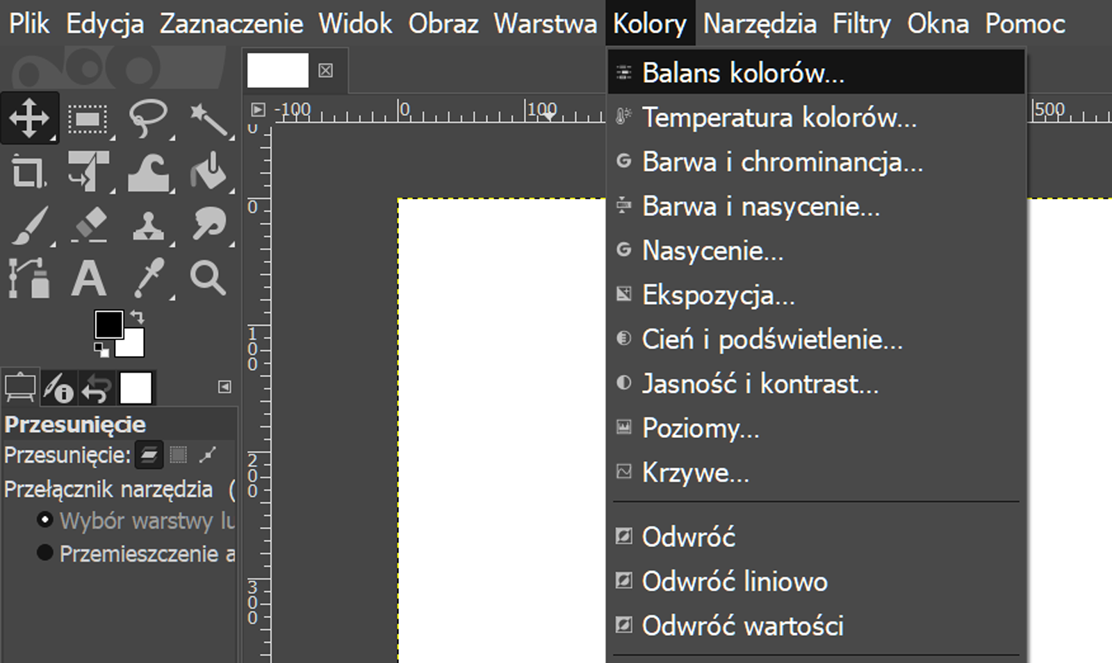 Wybór narzędzia Balans kolorów w programie graficznym GIMP.