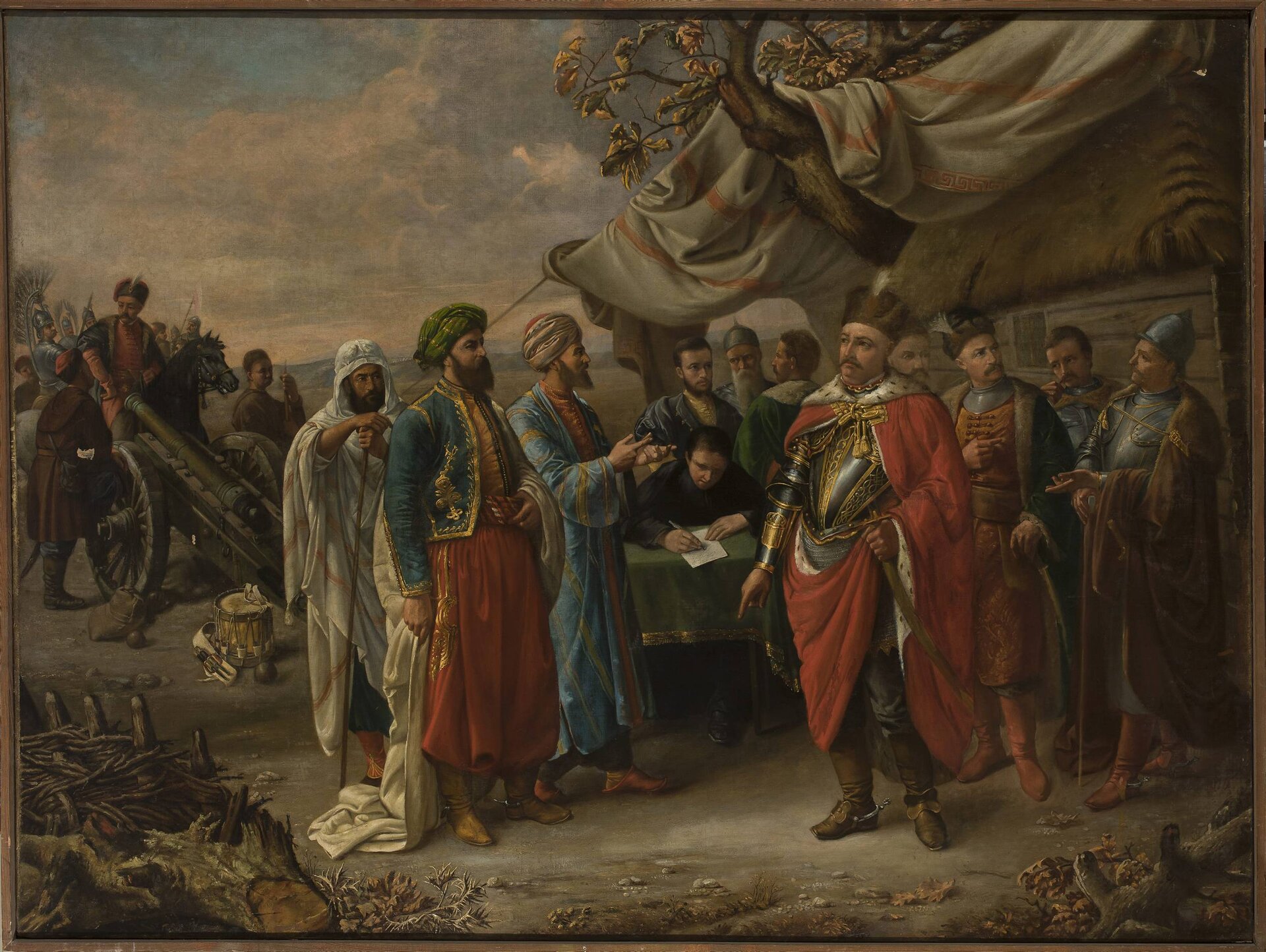 Ilustracja przedstawia rycerzy dwóch przeciwnych armii podpisujących dokument. Na pierwszym planie stoi na przeciwko siebie dwóch mężczyzn. Po prawej stronie stoi mężczyzna w średnim wieku, ubrany w zbroję na piersi, długi czerwony płaszcz na ramionach z gronostajowym kołnierzem oraz czapkę o kształcie ściętego walca z piórkiem z przodu, na nogach ma wysokie buty z cholewami i ostrogami. Lewą rękę trzyma na rękojeści szabli. Za nim stoi kilku innych mężczyzn w podobnych strojach: zbroje, płaszcze, czapki z piórkiem lub hełmy o stożkowatym kształcie, wysokie buty, szable przy boku. Mężczyzna po lewej stronie ma długą, ciemną brodę, bokobrody i turban na głowie. Ubrany jest w szerokie spodnie, szeroką koszulę i marynarkę bez kołnierza, z ozdobnymi haftami na obrzeżach. Za nim stoi dwóch mężczyzn w podobnych strojach (długie szaty, chusty lub turbany na głowach, szerokie spodnie, wkładane buty typu trepy z zawiniętymi noskami). W tle armata, za która stoi husaria.