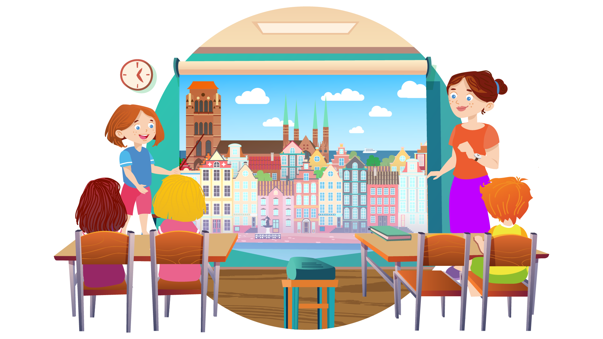 Ilustracja przedstawia klasę szkolną. Na beżowym suficie wisi podłużna lampa. W tle widać turkusową ścianę, na której wisi rozwinięty ekran. Na pierwszym planie, na środku ilustracji, stoi niski taboret, na którym umieszczono turkusowy projektor. Za pomocą projektora na ekranie wyświetla się ilustracja przedstawiająca fragment gdańskiej starówki. W tle widać błękitne niebo z jasnymi chmurami oraz morze, po którym płynie duży biały statek pasażerski. Na pierwszym planie znajduje się rynek z rzeźbą Neptuna. Przy rynku stoi rząd kolorowych kamieniczek. Zza nich wyłaniają się kolejne. Po lewej stronie widać szczyt bazyliki Mariackiej. Jest to duży brązowy budynek o wysokiej i szerokiej wieży po lewej stronie oraz czterech wysokich i wąskich wieżyczkach po prawej stronie. Każda z czterech wieżyczek jest zakończona spiczastym turkusowym dachem. Na lewo od ekranu wisi okrągły brązowy zegar ze wskazówkami. Poniżej stoi Maja ubrana w niebieską koszulkę z krótkimi błękitnymi rękawami, krótkie ciemnoróżowe spodnie i ciemnoniebieskie buty. W lewej ręce trzyma długi ciemnobrązowy wskaźnik, który kieruje w stronę ekranu. Po prawej stronie ekranu stoi nauczycielka. Ma brązowe włosy upięte w kok i jest ubrana w pomarańczową bluzkę z krótkimi rękawami, długą fioletową spódnicę i fioletowe buty. Na lewym nadgarstku ma zegarek. Na pierwszym planie, po lewej stronie ilustracji, stoi jasnobrązowa ławka z dwoma brązowymi krzesełkami. Na pierwszym krzesełku od lewej strony siedzi tyłem brązowowłosa dziewczynka ubrana w fioletową sukienkę z krótkimi rękawami. Na drugim krzesełku siedzi tyłem blondwłosa dziewczynka ubrana w jasnoróżową sukienkę z krótkimi rękawami. Po prawej stronie ilustracji stoi druga jasnobrązowa ławka z dwoma brązowymi krzesełkami. Na ławce leży książka w turkusowej oprawie. Pierwsze krzesło od lewej jest puste. Na drugim siedzi tyłem Franek. Jest ubrany w żółtą koszulkę z krótkimi pomarańczowymi rękawami i krótkie jasnozielone spodnie.