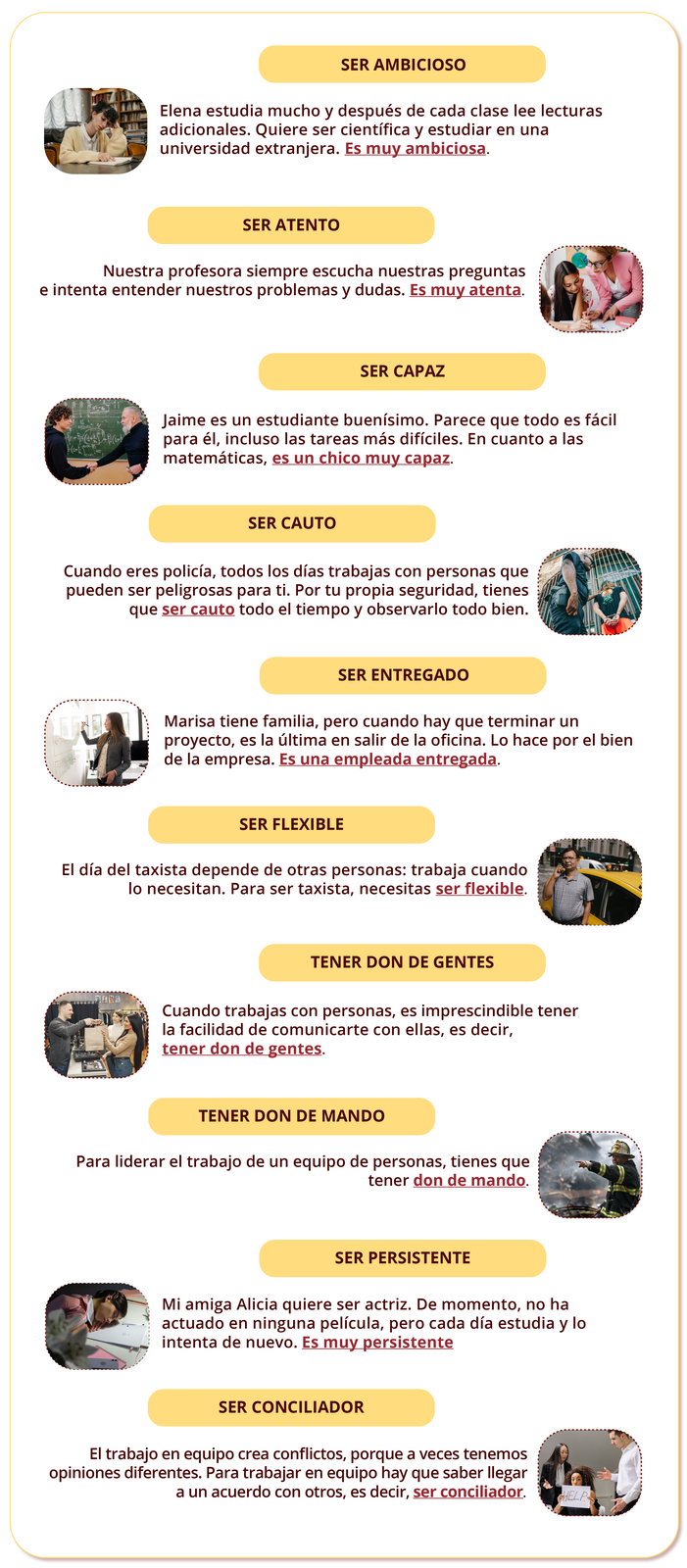 SER AMBICIOSO. Elena estudia mucho y después de cada clase lee lecturas adicionales. Quiere ser científica y estudiar en una universidad extranjera. Es muy ambiciosa. Grafika: dziewczyna czytająca podręcznik przy biurku. W tle regały z książkami.
SER ATENTO. Nuestra profesora siempre escucha nuestras preguntas e intenta entender nuestros problemas y dudas. Es muy atenta. Grafika: dziewczynka wraz z nauczycielką pochylone nad podręcznikiem.
SER CAPAZ. Jaime es un estudiante buenísimo. Parece que todo es fácil para él, incluso las tareas más difíciles. En cuanto a las matemáticas, es un chico muy capaz. Grafika: nauczyciel uściskuje dłoń ucznia na tle zapisanej tablicy.
SER CAUTO. Cuando eres policía, todos los días trabajas con personas que pueden ser peligrosas para ti. Por tu propia seguridad, tienes que ser cauto todo el tiempo y observarlo todo bien. Grafika: policjant oraz osoba ze skutymi rękami z tyłu na tle krat.
SER ENTREGADO. Marisa tiene familia, pero cuando hay que terminar un proyecto, es la última en salir de la oficina. Lo hace por el bien de la empresa. Es una empleada entregada. Grafika: kobieta pisząca flamastrem na tablicy.
SER FLEXIBLE. El día del taxista depende de otras personas: trabaja cuando lo necesitan. Para ser taxista, necesitas ser flexible. Grafika: mężczyzna rozmawiający przez telefon na tle taksówki.
TENER DON DE GENTES. Cuando trabajas con personas, es imprescindible tener la facilidad de comunicarte con ellas, es decir, tener don de gentes. Grafika: sprzedawca podający kobiecie torbę przez ladę.
TENER DON DE MANDO. Para liderar el trabajo de un equipo de personas, tienes que tener don de mando. Grafika: strażak na tle pożaru.
SER PERSISTENTE. Mi amiga Alicia quiere ser actriz. De momento, no ha actuado en ninguna película, pero cada día estudia e intenta de nuevo. Es muy persistente. Grafika: dziewczyna śpiąca na biurku, na którym leżą kartki i przybory.
SER CONCILIADOR. El trabajo en equipo crea conflictos, porque a veces tenemos opiniones diferentes. Para trabajar en equipo hay que saber llegar al acuerdo con otros, es decir, ser conciliador. Grafika: dziewczyna trzymająca kartkę z napisem help, nad którą stoją dwie dorosłe osoby.
