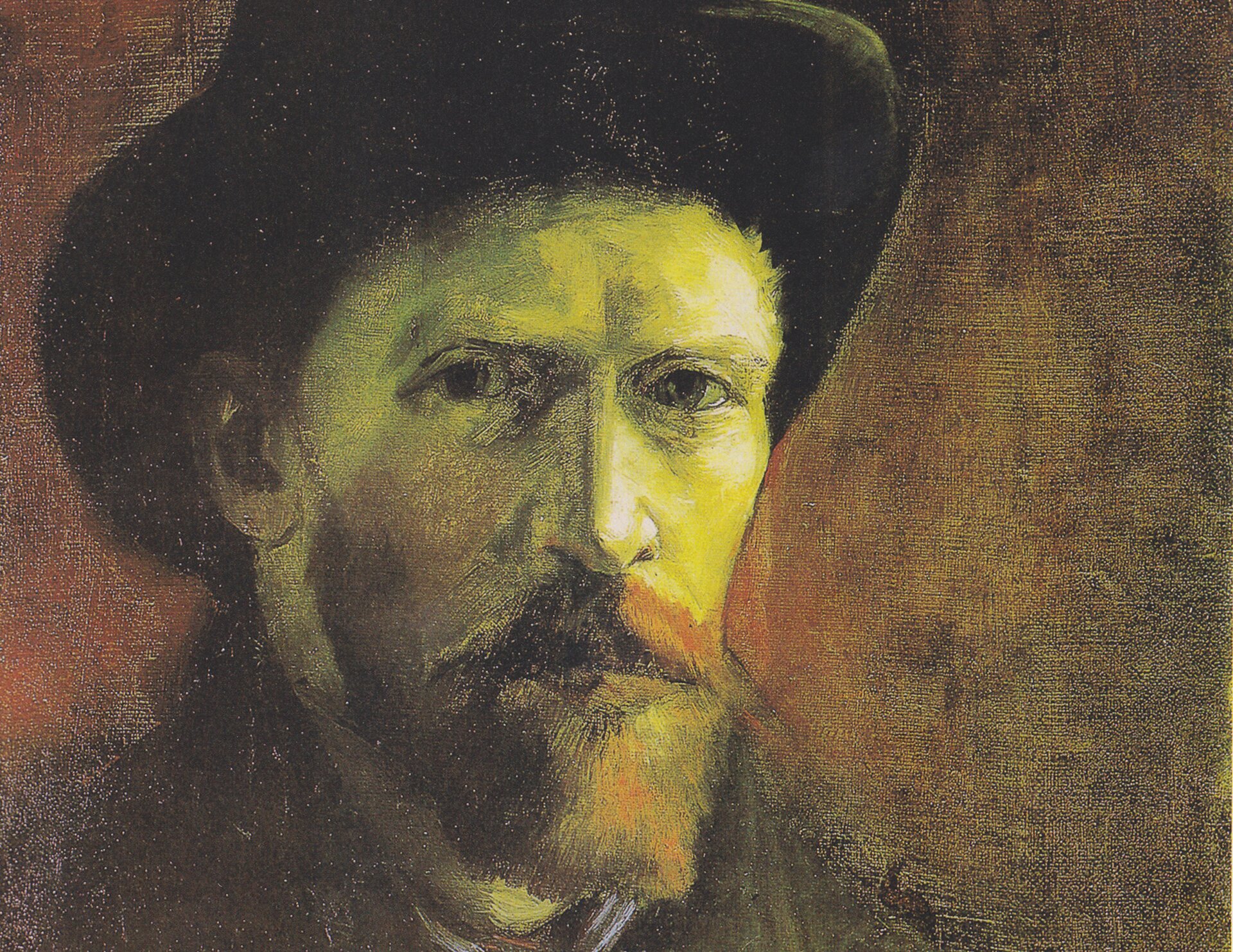 Obraz olejny. Brodaty mężczyzna w średnim wieku. Ukazany prawy profil z widocznym uchem. Ciemne wąsy i broda, miejscami widać rudy kolor zarostu. Padające z boku światło oświetla lewą połowę twarzy. Na głowie ma kapelusz. Patrzy śmiało przed siebie. Twarz ma spokojną, poważną.