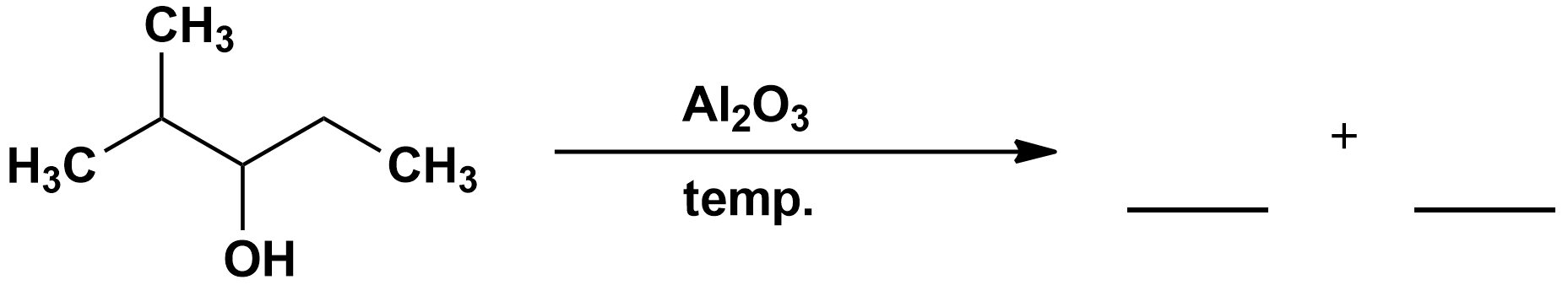 Ilustracja przedstawiająca schemat reakcji chemicznej, w której substratem jest cząsteczka 2-metylopentan-3-olu zbudowanego z grupy CH połączonej z dwiema grupami metylowymi CH3 oraz kolejną grupą CH, która jest podstawiona grupą hydroksylową oraz grupą etylową CH2CH3. Strzałka w prawo, nad strzałką znajduje się tlenek glinu Al2O3, pod strzałką zapis "temperatura". Za strzałką zostawiono miejsce na dwa produkty reakcji.