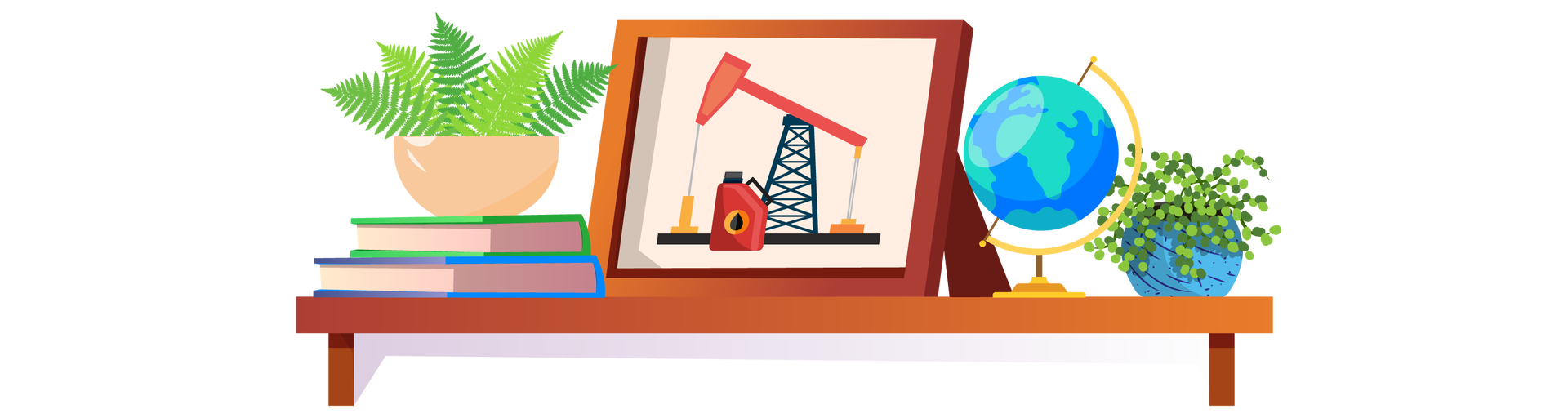 Ilustracja przedstawia drewnianą półkę, na której znajduje się kilka przedmiotów. Po lewej stronie są dwie książki ułożone jedna na drugiej. Pierwsza ma zieloną okładkę, a druga niebieską. Na książkach stoi zielona roślina w beżowej donicy. Na środku półki ustawiono obrazek w brązowej ramce, który przedstawia platformę służącą do wydobywania ropy naftowej. Jest to wysoka metalowa konstrukcja przypominająca wieżę. W górnej części platformy znajduje się duży element przypominający kształtem młotek. Jego przednia i tylna część są podłączone do podstawy platformy specjalnym mechanizmem. Na środku obrazka widać czerwony kanister, czyli pojemnik na ropę. Po prawej stronie półki stoi globus i niewielka zielona roślina w niebieskiej donicy.