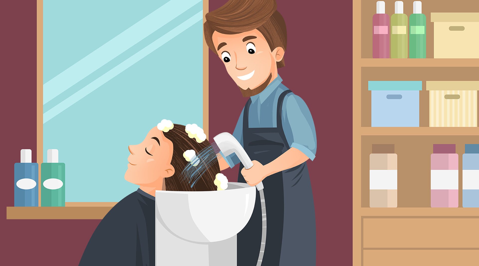 Na ilustracji znajduje się fryzjer, który w salonie fryzjerskim myje włosy swojej klientce.