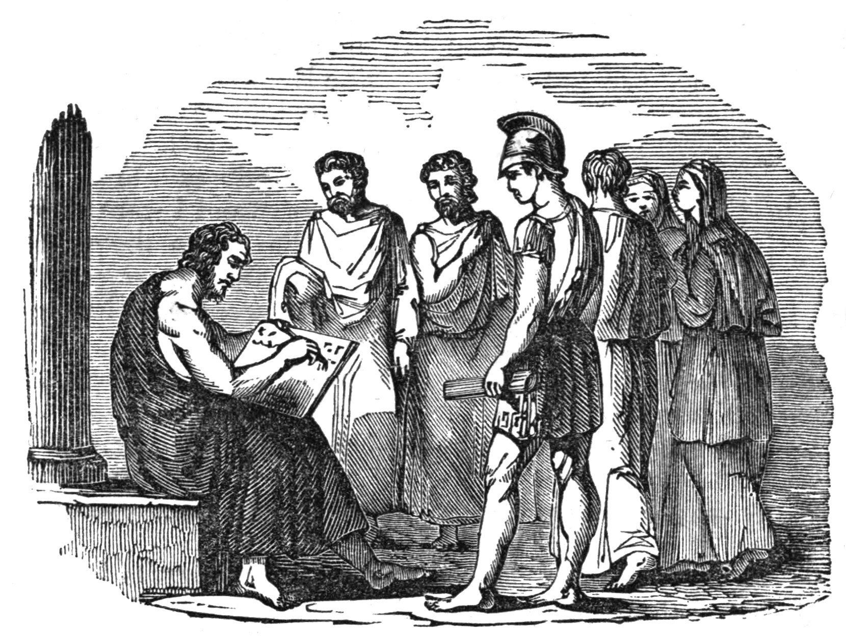 Ilustracja przedstawia drzeworyt pod tytułem "Solon spisujący prawa dla Ateńczyków". Na pierwszym planie znajduje się siedząca postać brodatego mężczyzny ubranego w togę. Mężczyzna jest zajęty pisaniem. Przed nim stoją Ateńczycy, mężczyźni i kobiety, między nimi żołnierz w hełmie na głowie. Żołnierz trzyma w dłoni podłużny przedmiot.