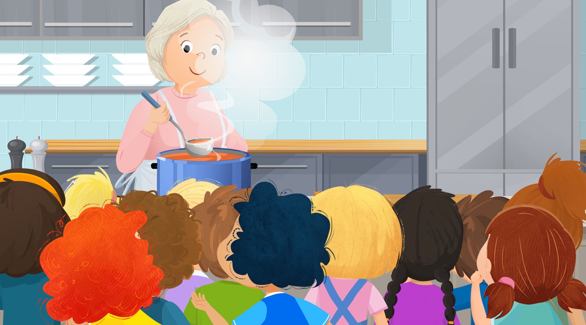 Na ilustracji znajduje się kucharka gotująca na stołówce dla dzieci.