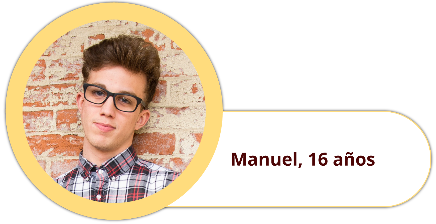 Ilustracja przedstawia zdjęcie chłopca w koszuli i okularach. Podpis: Manuel, 16 años.