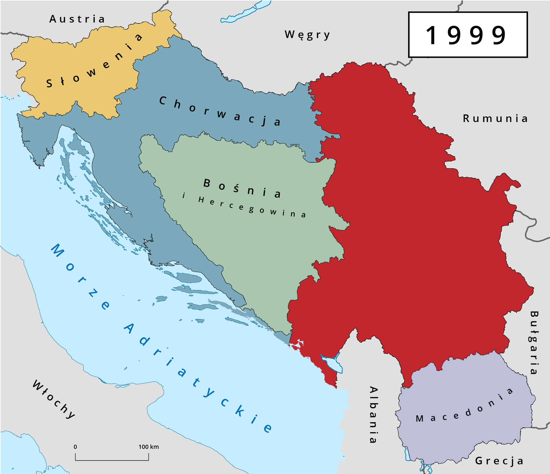 Mapa przedstawia dalszy etap rozpadu Jugosławii w 1999 roku. Wyodrębniło się nowe państwo położone obok Chorwacji – Bośnia i Hercegowina. Chorwacja sąsiaduje z tym krajem od północy, zachodu i południa, od wschodu na mapie widoczne są pozostałe po rozpadzie tereny Jugosławii.