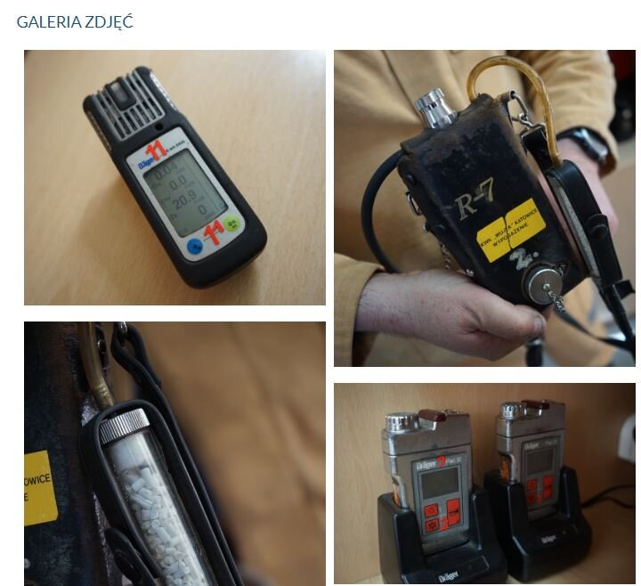 Na zdjęciu widać przykładową galerię zdjęć. Galeria jest w formie kolażu czterech zdjęć. Zdjęcia rozmieszczone są w układzie prostokąta. Po lewej stronie znajdują się dwie miniatury. Po prawej widoczne są również dwa zdjęcia.Na zdjęciu w lewym górnym rogu widoczny jest czujnik powietrza. Czujnik jest o kształcie prostopadłościanu. Na przedniej ścianie znajduje się duży wyświetlacz. Na wyświetlaczu widoczne są cyfry. Na dolnym zdjęciu pokazany jest fragment metanomierza. Centralnym elementem zdjęcia  jest cylindryczny niewielki zbiorniczek. Przez ściany zbiorniczka widać białe wypełnienie. Wypełnienie jest w kształcie małych walcowatych pastylek. Na zdjęciu w prawym górnym rogu widoczny metanomierz. Metanomierz jest urządzeniem o kształcie prostopadłościanu. Znajduje się w skórzanej obudowie. Na przedniej ścianie metanomierza widoczny jest okrągły dekielek. Na górnej ścianie umieszczony jest element o kształcie srebrnego cylindra. Po prawej stronie urządzenia biegnie rurka łącząca się z małym cylindrycznym pojemnikiem. Pojemnik wypełniony jest białymi pastylkami o kształcie walca.Na zdjęciu w prawym dolnym rogu widoczne są dwa prostopadłościenne urządzenia. Urządzenia mają na przedniej ścianie ekran oraz cztery przyciski. Urządzenia umieszczone są w czarnych stacjach bazowych.