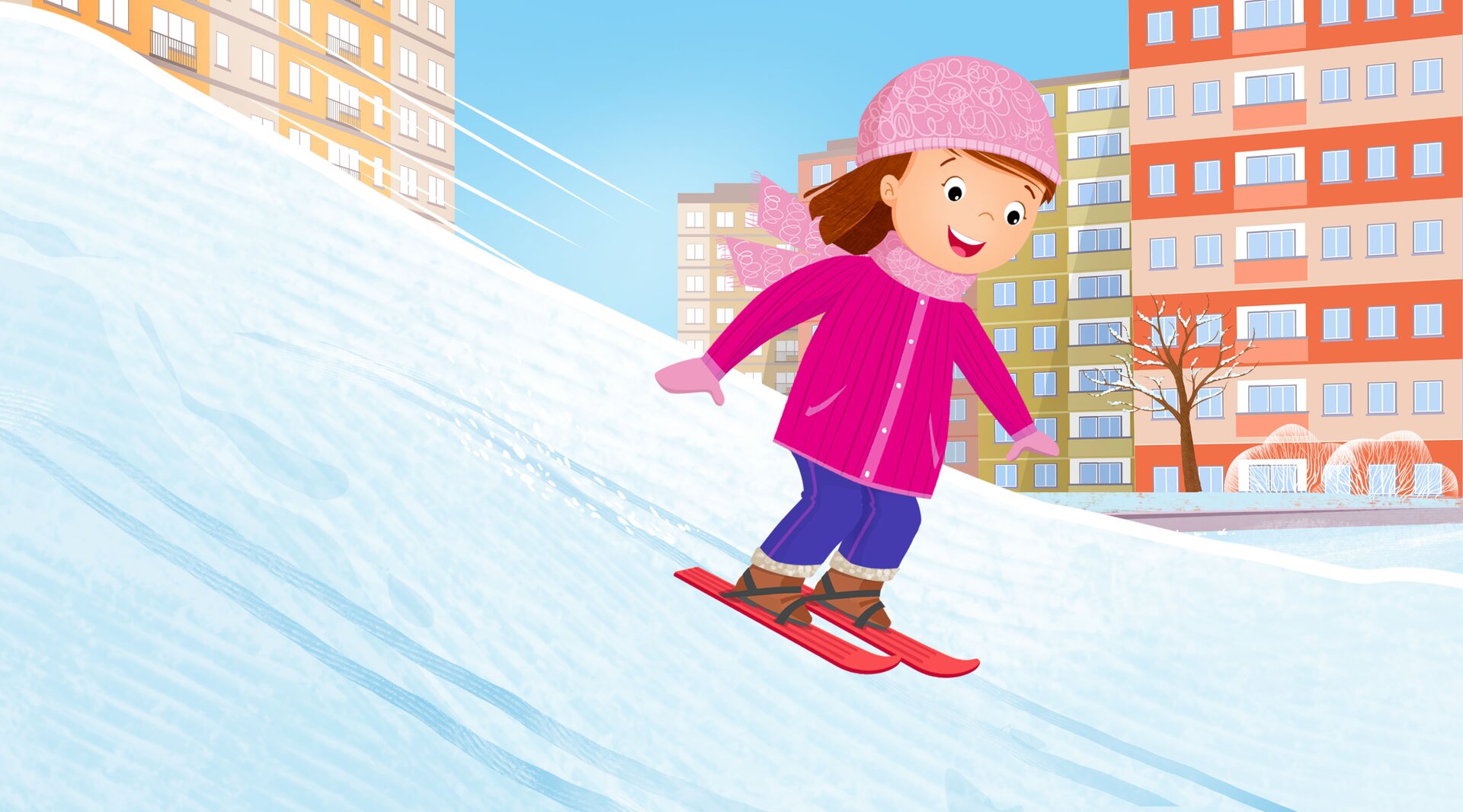 Na ilustracji znajduje się dziewczynka jeżdżąca na nartach.