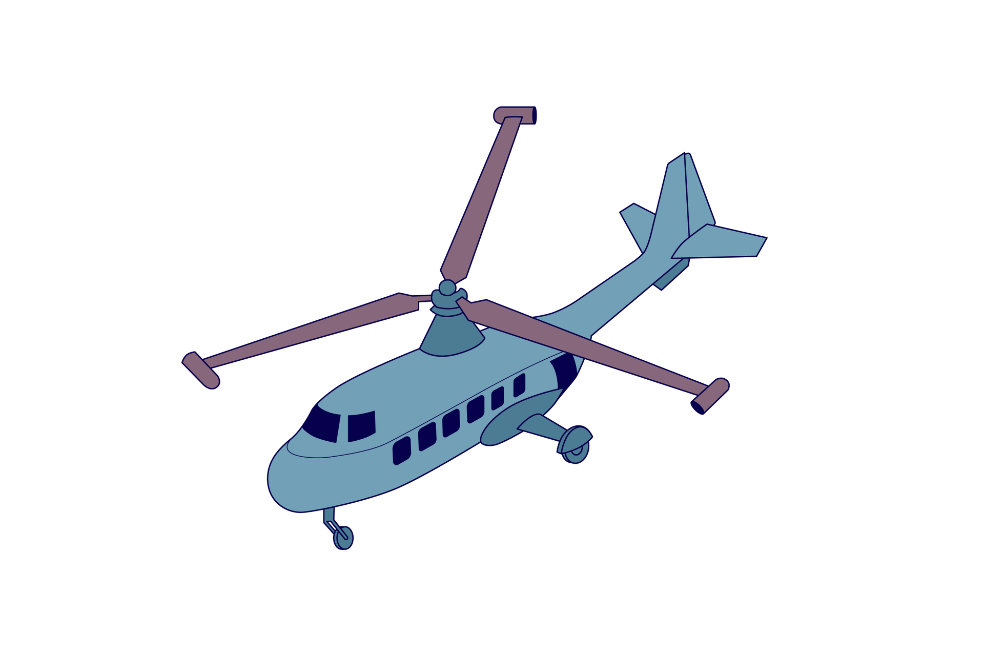 Ilustracja przedstawia przykład śmigłowca z bezpośrednim napędem wirnika nośnego. Widoczny jest kokpit śmigłowca z kabiną, podwoziem z kołami, oraz ogonem z usterzeniem. Na górze kabiny znajduje się śmigło z trzema łopatami, na końcach których znajdują się małe cylindry silników odrzutowych.