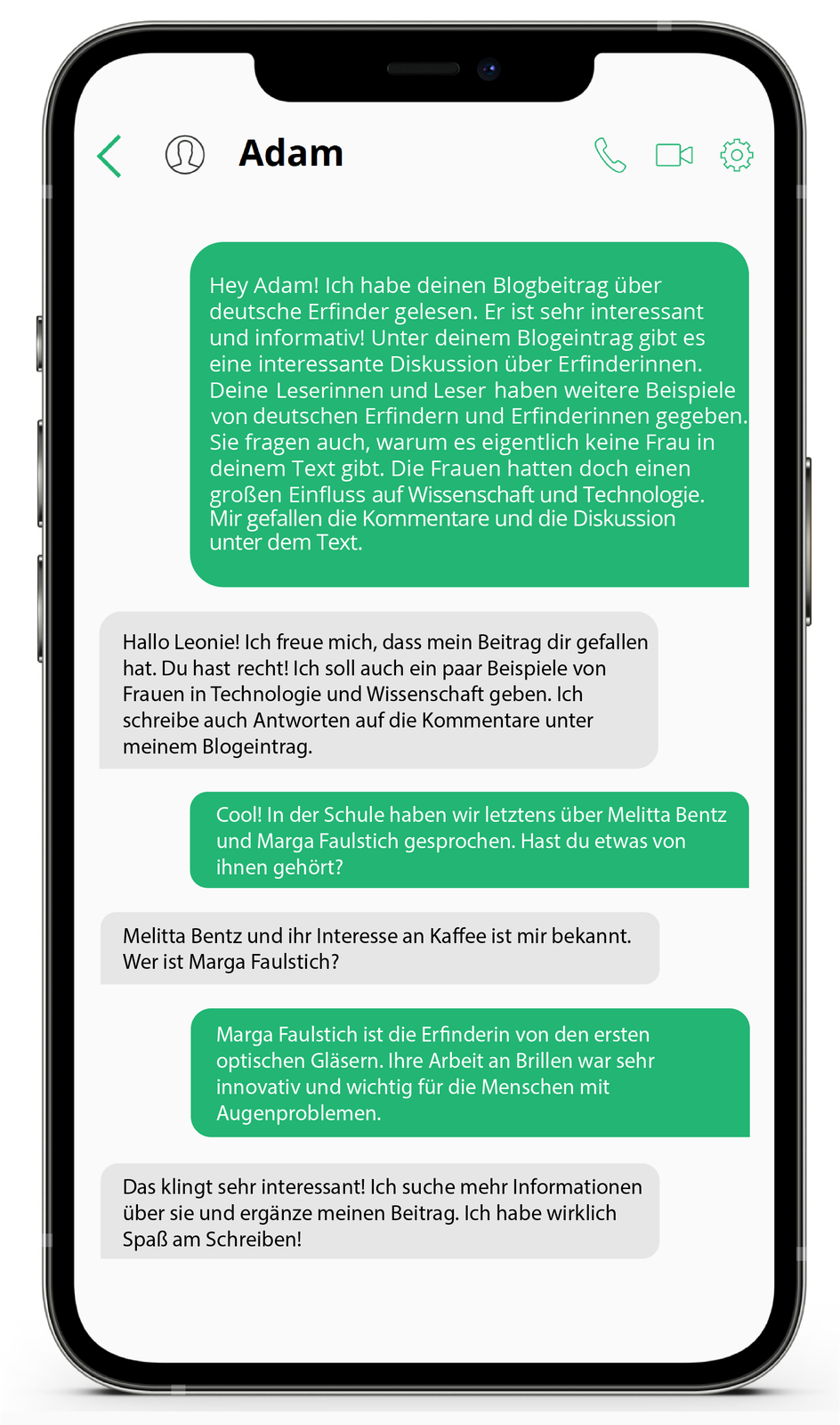 Grafika przedstawia ekran komunikatora na smartfonie, na którym widoczny jest tekst. Treść transkrypcji dostępna poniżej.