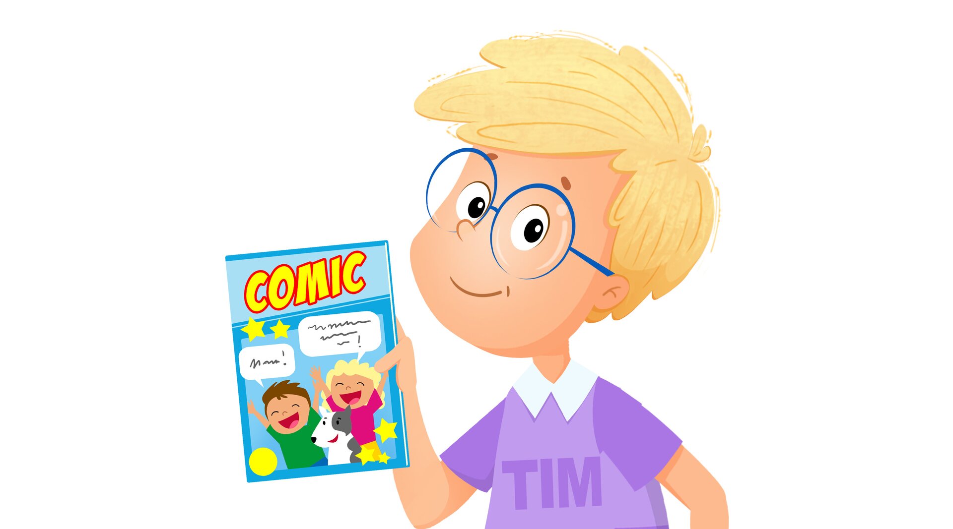 Na ilustracji znajduje się Tim, który czyta komiksy.