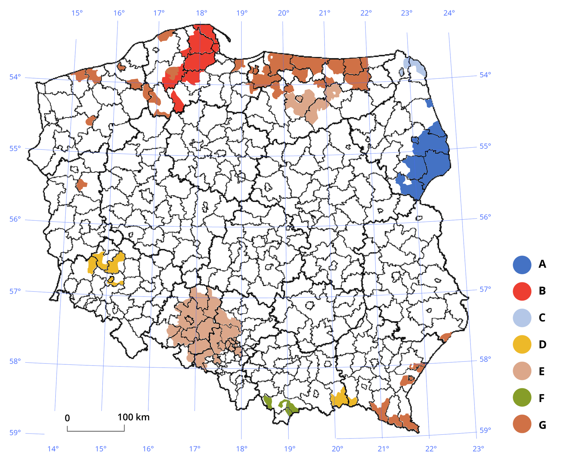 Mapa prezentująca rozmieszczenie wybranych mniejszości narodowo‑etnicznych w Polsce. Na ilustracji przedstawiona jest mapa Polski, w podziale na powiaty, podział ten oznaczono czarną linią. Na mapie występują kolorowe obszary w różnych częściach Polski. Obok niej znajduje się legenda z kolorowymi kołami i oznaczeniami literowymi. Kolorem ciemnoniebieskim zaznaczono obszar w woj, podlaskim, blisko granicy kraju - obszar A. Kolorem czerwonym (obszar B) zaznaczono obszary w woj. pomorskim na północy kraju. Kolorem jasnoniebieskim (obszar C) zaznaczono obszary w woj. podlaskim, w północnej części tego województwa. Na żółto (obszar D) oznaczono dwa obszary, jeden na pograniczu woj. małopolskiego i podkarpackiego, blisko granicy kraju oraz obszar w woj. dolnośląskim, blisko granicy z woj. lubuskim. Jasnoczerwonym kolorem (obszar E) oznaczono również dwa obszary, jeden pokaźny w woj opolskim i śląskim oraz mniejszy w woj, warmińsko mazurskim - w centrum tego województwa. Kolorem zielonym (obszar F) oznaczono dwa małe obszary w woj, małopolskim, blisko gór. Brązowym kolorem (obszar G) oznaczono kilka miejsc - nad morzem i na terenie woj. zachodniopomorskiego i pomorskiego (mniejsze, rozrzucone obszary), na terenie woj. warmińsko‑mazurskiego - duży obszar położony na północy województwa oraz na terenie woj. podkarpackiego - obszary styczne z granicą Polski. Na mapie występuje siatka kartograficzna na której opisano wartości południków i równoleżników co jeden stopień. W lewym dolnym rogu znajduje się podziałka liniowa.