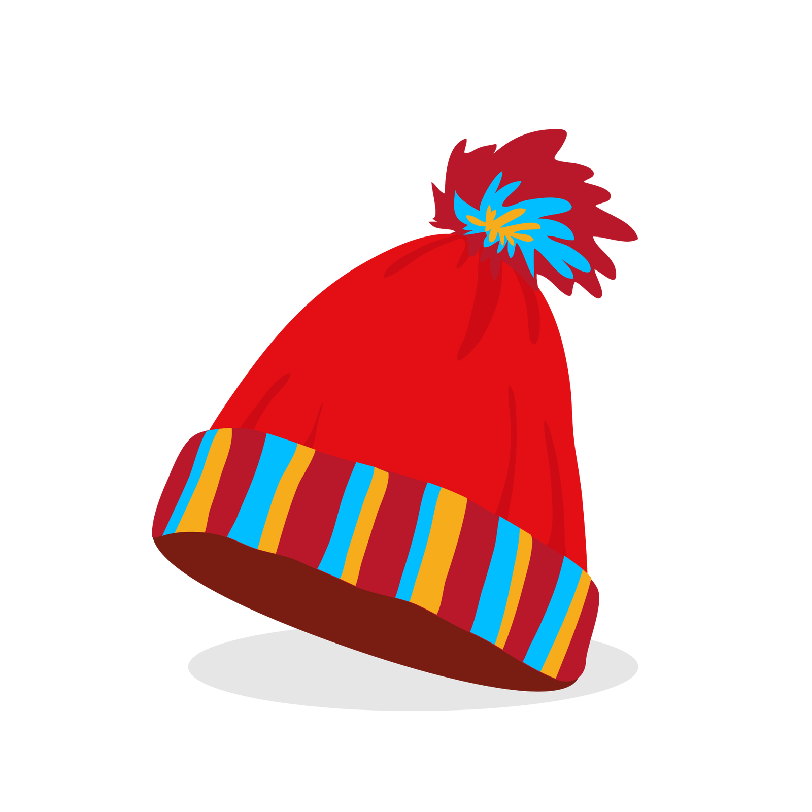 Ilustracja przedstawia czerwoną czapkę z pomponem. Pompon jest pomarańczowo‑niebiesko‑bordowy, a brzeg czapki jest w pionowe pomarańczowe, niebieskie i bordowe paski.