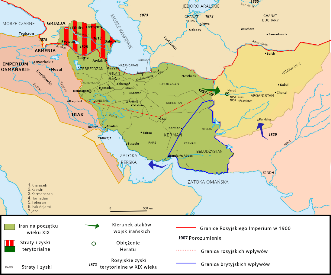Mapa przedstawia podział posiadłości w Azji Środkowej, między Wielką  Brytanią a Rosją w 1907 roku. Terytorium Iranu na początku XIX wieku zajmowało tereny aktualnie położonego Iranu oraz terenów na wschód Iraku. Straty i zyski terytorialne zajmowały obszary w północnym Iranie, przy granicy z Gruzją. Na mapie przedstawiono kierunek ataków wojsk irańskich na Afganistan. Oblężenie Heratu w zachodnim Afganistanie miało miejsce w latach 1837 - 38. W 1907 roku miało miejsce porozumienie. W 1873 roku Rosyjskie zyski terytorialne obejmowały wschodnie wybrzeże Morza Kaspijskiego. Granice Rosyjskiego Imperium w 1900 roku przebiegało wzdłuż miast Balch, Meszed, Gorgan, Raszt, Tabriz. Granica rosyjskich wpływów przebiegała przez środkową część Iranu. Granica brytyjskich wypływów natomiast biegła w południowo - wschodniej części Iranu. 
