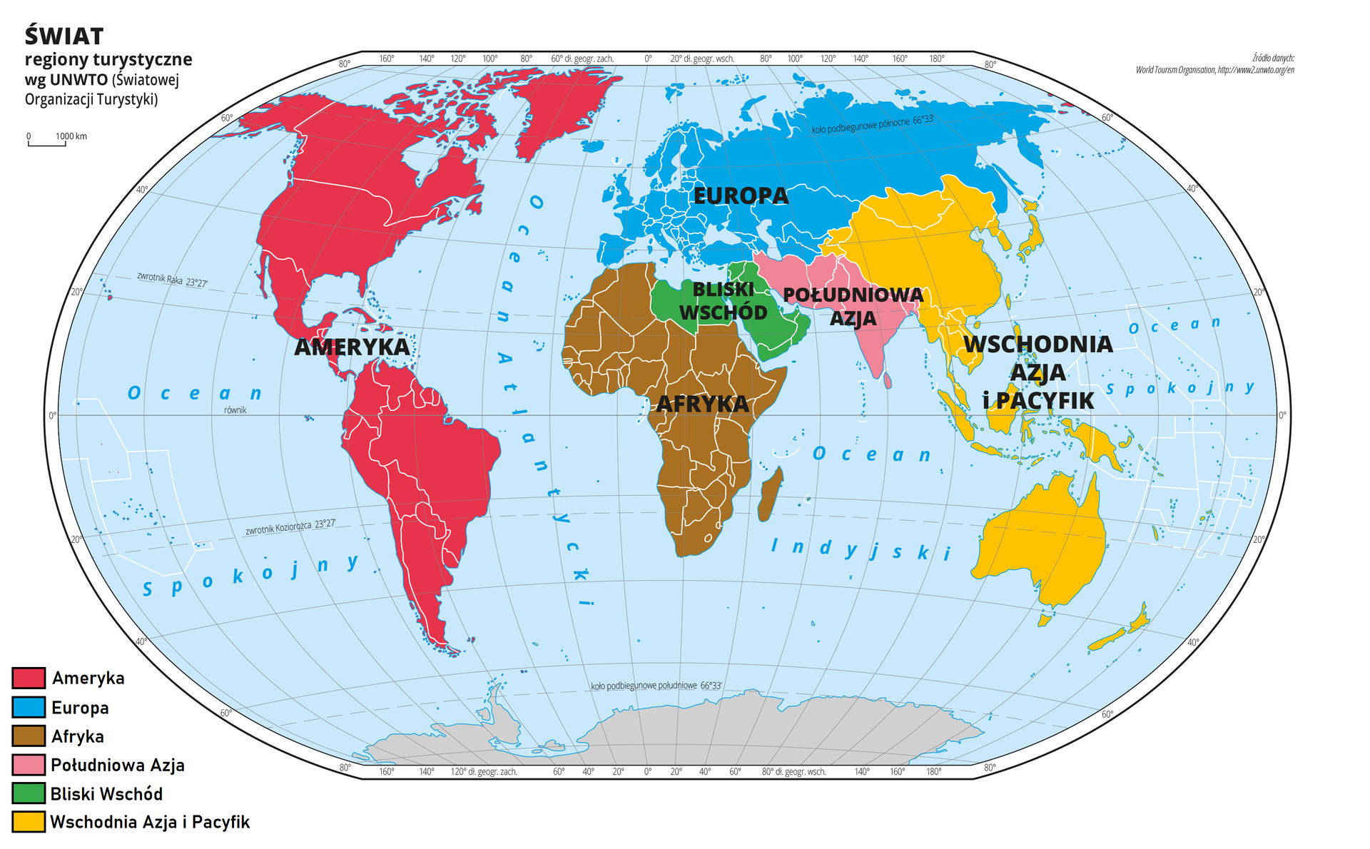 Ilustracja przedstawia mapę świata. Wody zaznaczono kolorem niebieskim. Na mapie za pomocą kilku kolorów przedstawiono regiony turystyczne według Światowej Organizacji Turystyki. Kolorem czerwonym oznaczono Amerykę Północną i Amerykę Południową i opisano – Ameryka. Kolorem niebieskim oznaczono Europę oraz północną i środkową część Azji (teren Rosji, Kazachstanu) i opisano – Europa. Kolorem różowym oznaczono południową część Azji (od Indii i Sri Lanki do Iranu i Afganistanu) i opisano – Południowa Azja. Kolorem żółtym oznaczono obszar nazwany Wschodnia Azja i Pacyfik, obejmujący Mongolię i leżące na południe od niej kraje, aż do Nowej Zelandii. Kolorem zielonym oznaczono i opisano Bliski Wschód (Egipt, Libia i Półwysep Arabski). Afrykę (bez Egiptu i Libii) zaznaczono na brązowo i opisano – Afryka. Mapa pokryta jest równoleżnikami i południkami, które opisano w białej ramce dookoła mapy co dwadzieścia stopni.