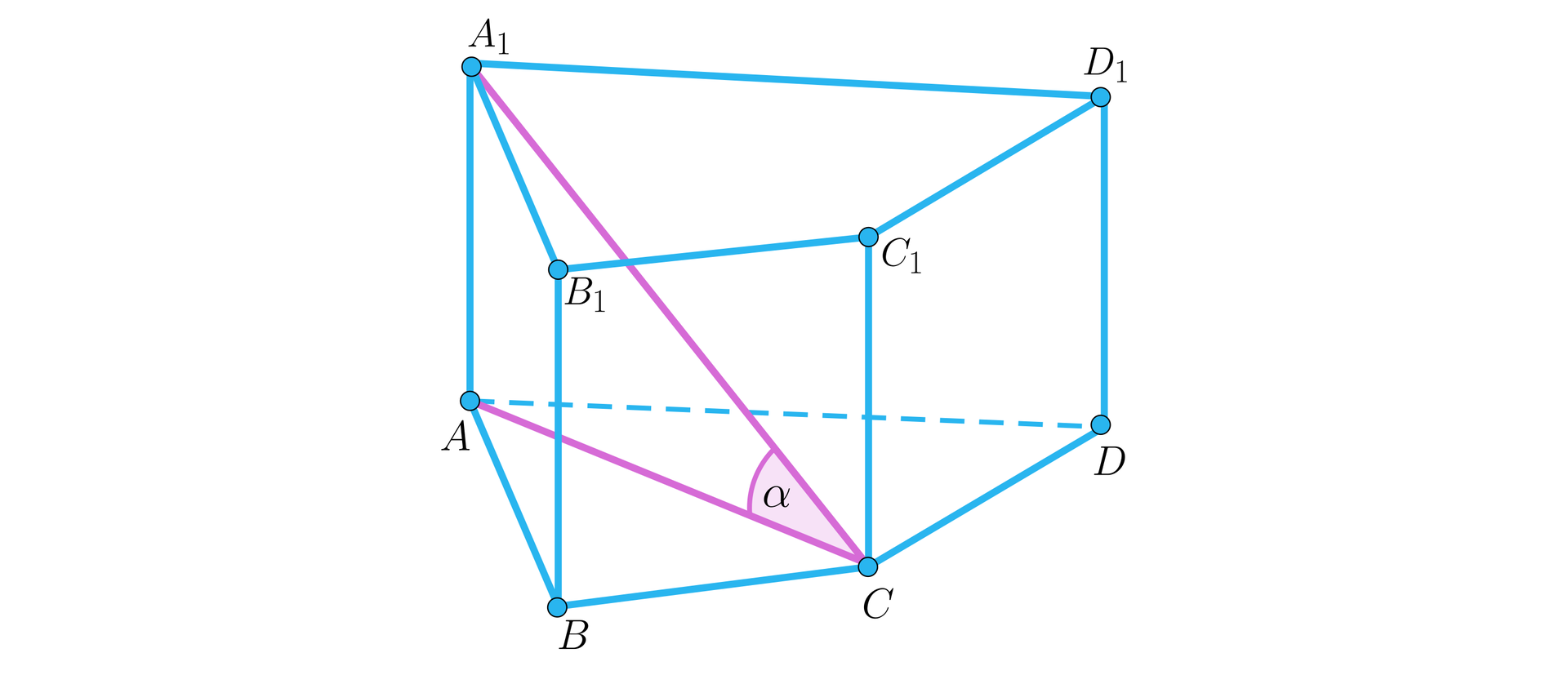 Ilustracja przedstawia graniastosłup A B C D A indeks dolny 1 koniec indeksu B indeks dolny 1 koniec indeksu C indeks dolny 1 koniec indeksu D indeks dolny 1 koniec indeksu. Zaznaczono przekątną A indeks dolny 1 koniec indeksu C. oraz dolną podstawą. Kąt między przekątną a płaszczyzną podstawy ma miarę alfa.