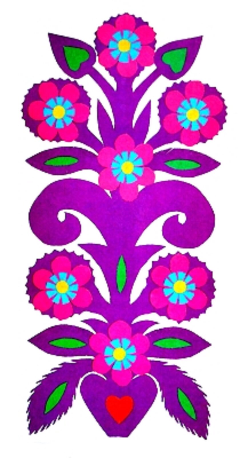 Ilustracja przedstawia kolorowe wzory - kurpiowską zielkę. Wzór przypomina roślinę, która jest w donicy. Powyżej są kwiaty o różowo-niebieskich płatkach i żółtych środkach. Na boki opadają listki. Cała łodyga za wyjątkiem kwiatów jest fioletowa.