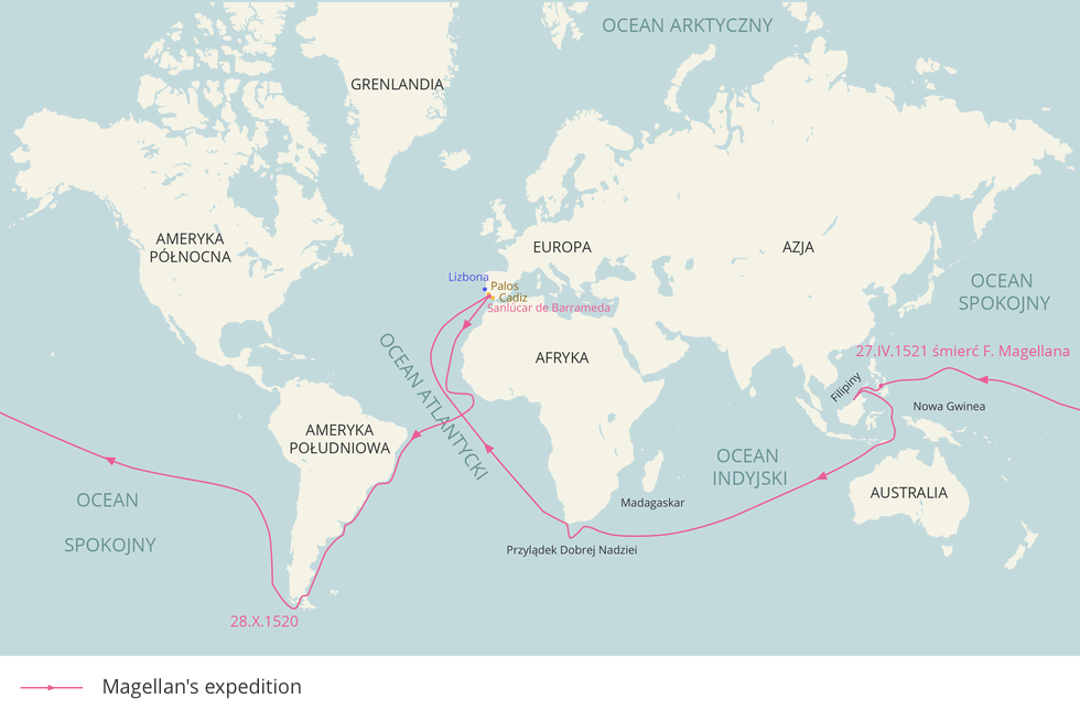 Ilustracja prezentuje mapę świata z zaznaczoną fioletową linią trasą wyprawy Magellana. Kontynenty są narysowane na biało i otoczone niebieskimi wodami. Trasa wyprawy Magellana rozpoczyna się w Portugalii, prowadzi wzdłuż Afryki, następnie wzdłuż wschodnich brzegów Ameryki Południowej, poprzez Ocean Spokojny na Filipiny, następnie Ocean Indyjski, Przylądek Dobrej Nadziei i powrót poprzez Ocean Atlantycki do Portugalii.