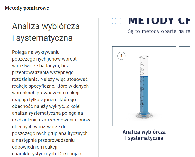 Zrzut ekranu przedstawiający rozwiniętą zakładkę z metodami pomiarowymi. Widnieje w niej fragmentu tekstu dotyczącego analizy wybiórczej i systematycznej oraz fragment ilustracji z naczyniem pomiarowym.