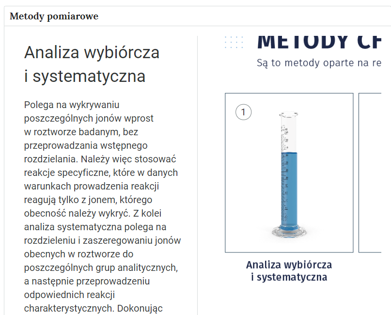 Zrzut ekranu przedstawiający rozwiniętą zakładkę z metodami pomiarowymi. Widnieje w niej fragmentu tekstu dotyczącego analizy wybiórczej i systematycznej oraz fragment ilustracji z naczyniem pomiarowym.