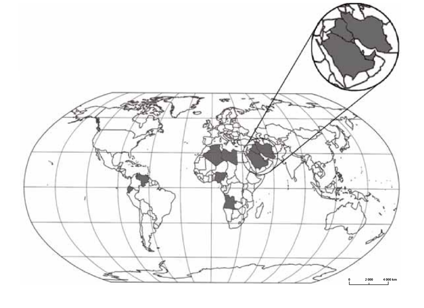 Mapa prezentuje państwa należące do międzynarodowej organizacji kontrolującej wydobycie i eksport jednego z surowców mineralnych. Zaznaczone kraje to Arabia Saudyjska, Irak i Iran.