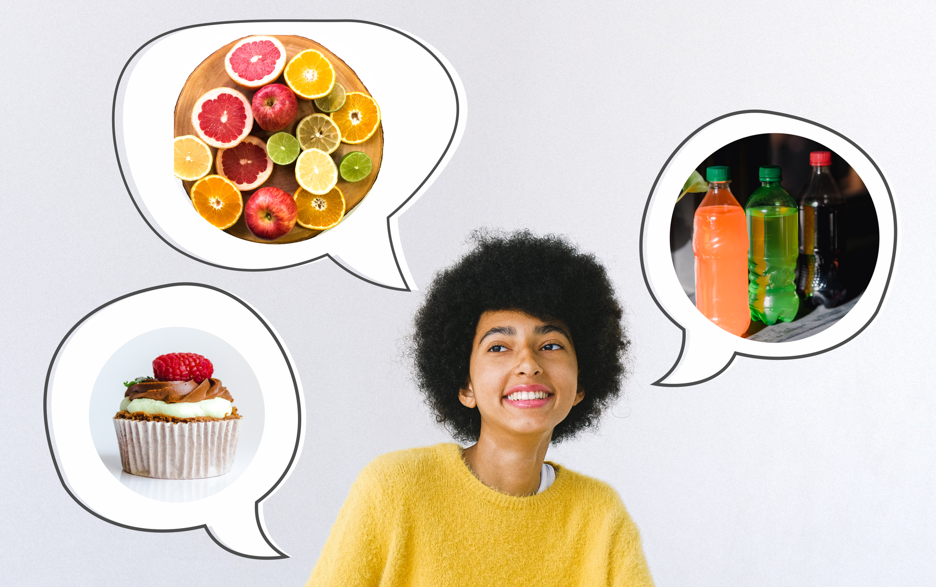 Zdjęcie przedstawia uśmiechniętą, młodą dziewczynę z fryzurą typu afro. Obok dziewczyny znajdują się trzy dymki. W pierwszym po lewej znajduje się zdjęcie ciastka z kremem. Na wierzchu ciastka znajduje się owoc. W drugim dymku znajduje się zdjęcie przedstawiające pokrojone w plastry owoce cytrusowe: pomarańcze, cytryny, grejpfruty. Widoczne są również dwa jabłka. Owoce leżą na drewnianej desce. W trzecim dymku znajduje się zdjęcie butelek z kolorowymi, słodkimi napojami.