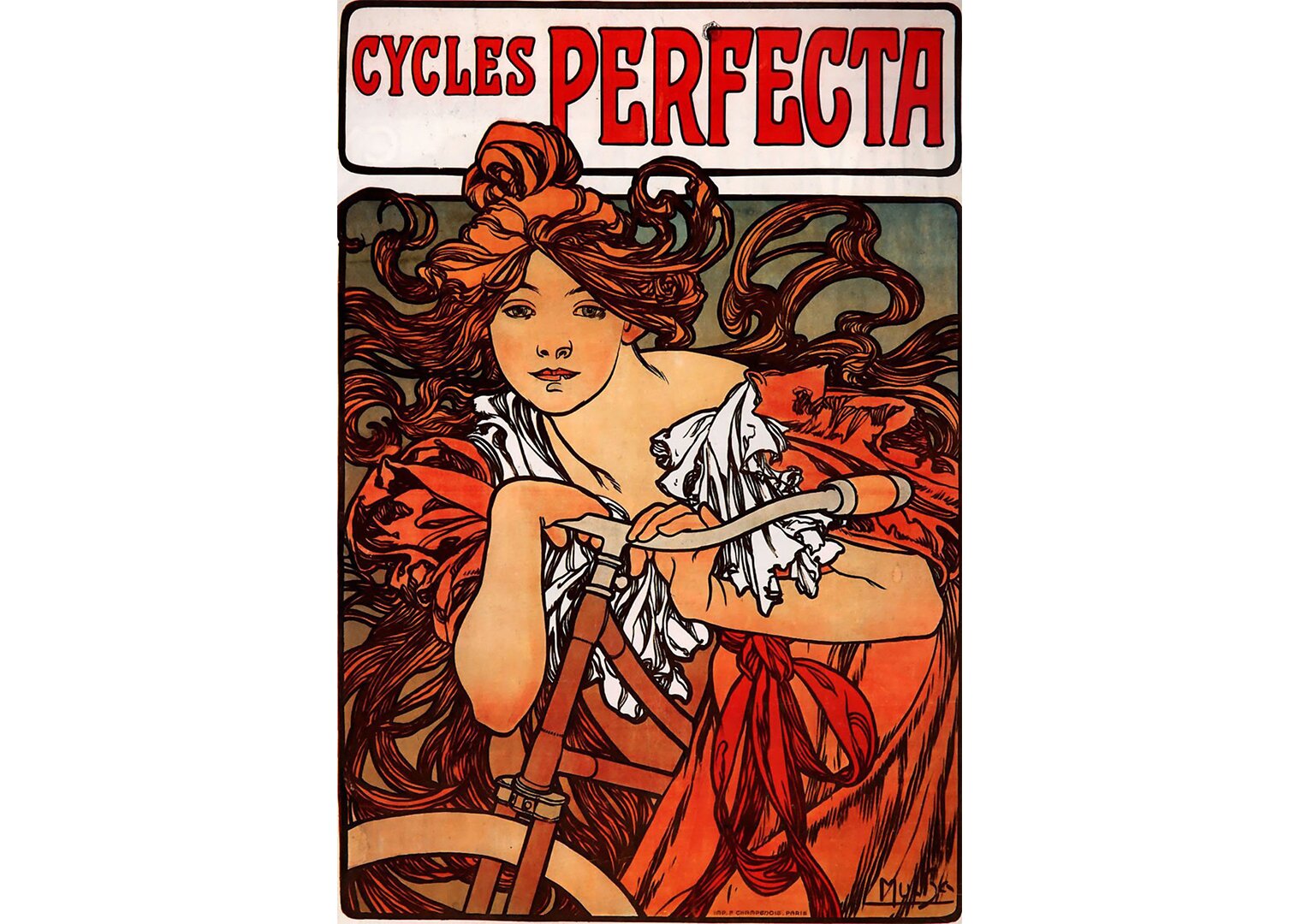 Plakat przedstawia kobietę o rudych włosach, która opiera się o rower. Nad jej głową znajduje się napis "Cycles Perfecta".
