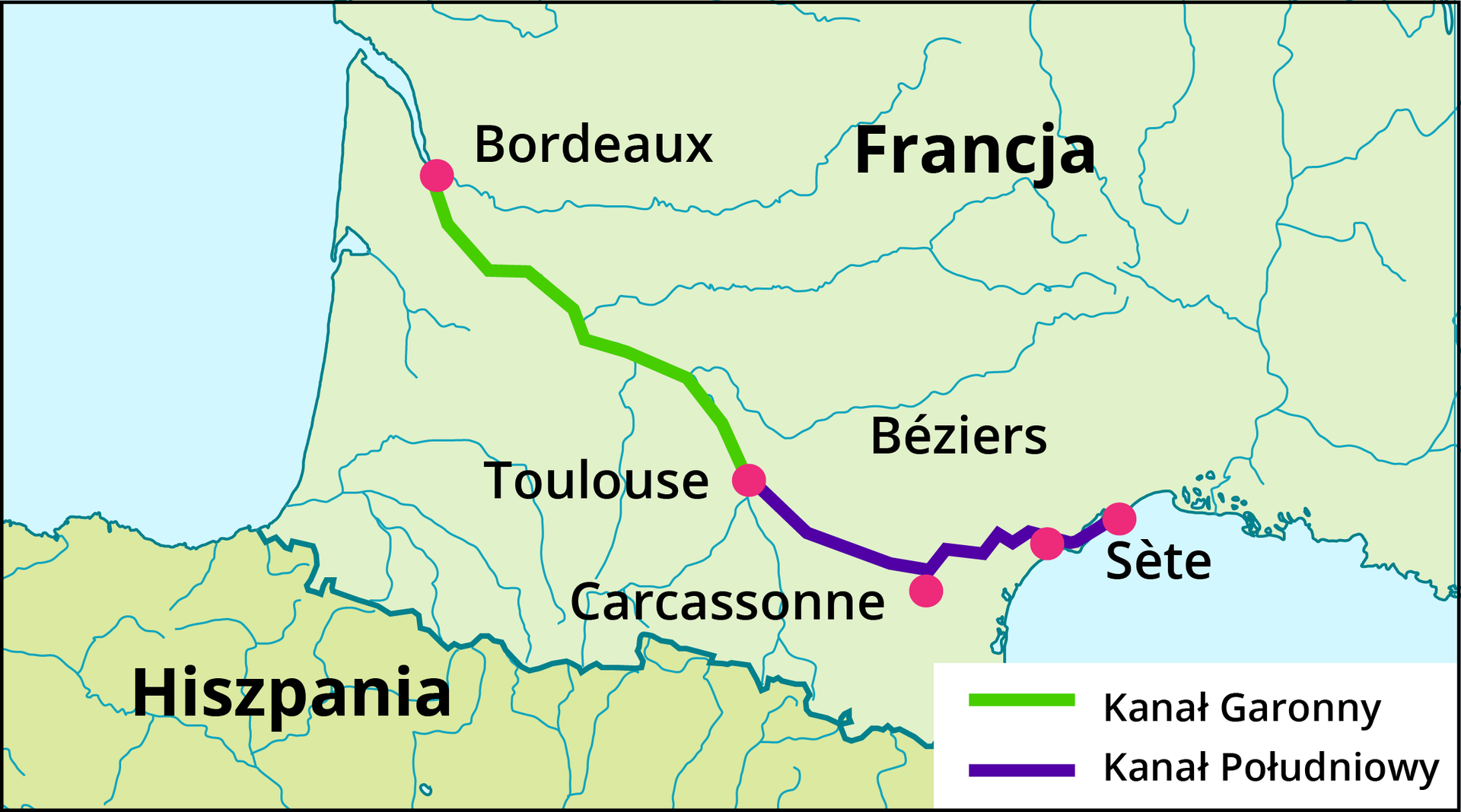 Ilustracja przedstawia mapę prezentującą trasę Kanału Południowego i Kanału Garonny - nowa droga wodna we Francji. Trasa przebiega od miasta Bordeaux do miasta Beziers oraz z miasta Beziers przez miasto Carcassonne do miasta Sete. 